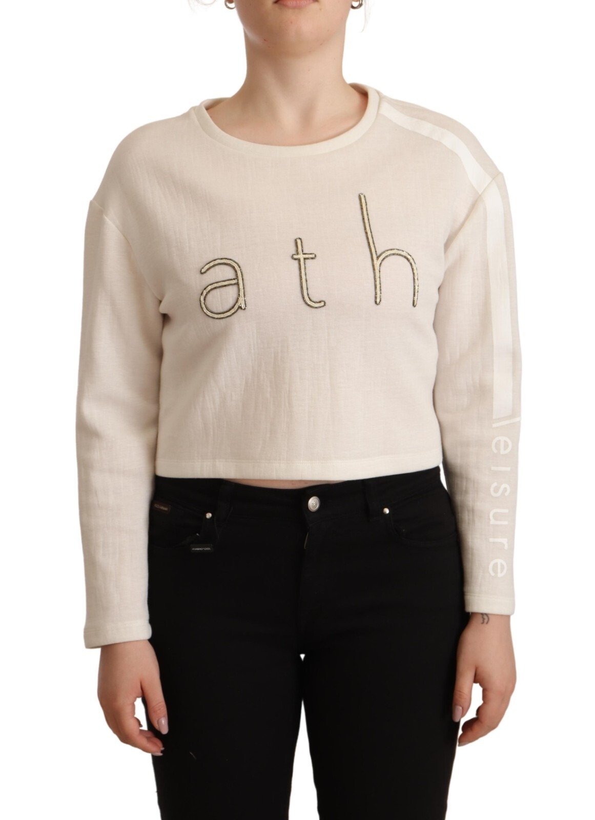 Beige Logo Long Sleeve Cropped Pullover Sweater