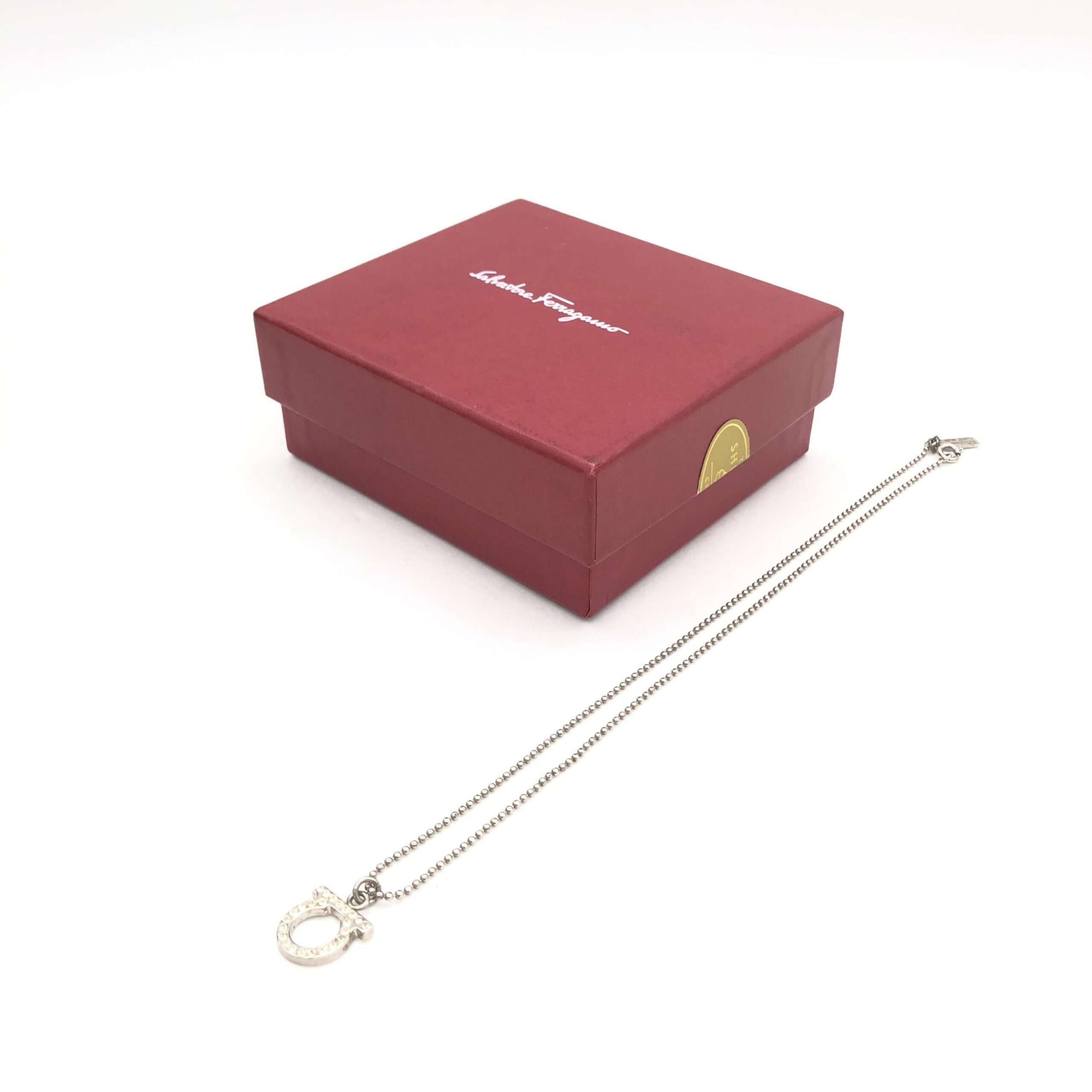 Salvatore Ferragamo Silver Plated Necklace With Crystal Womens Pendant Pre-Owned 140$