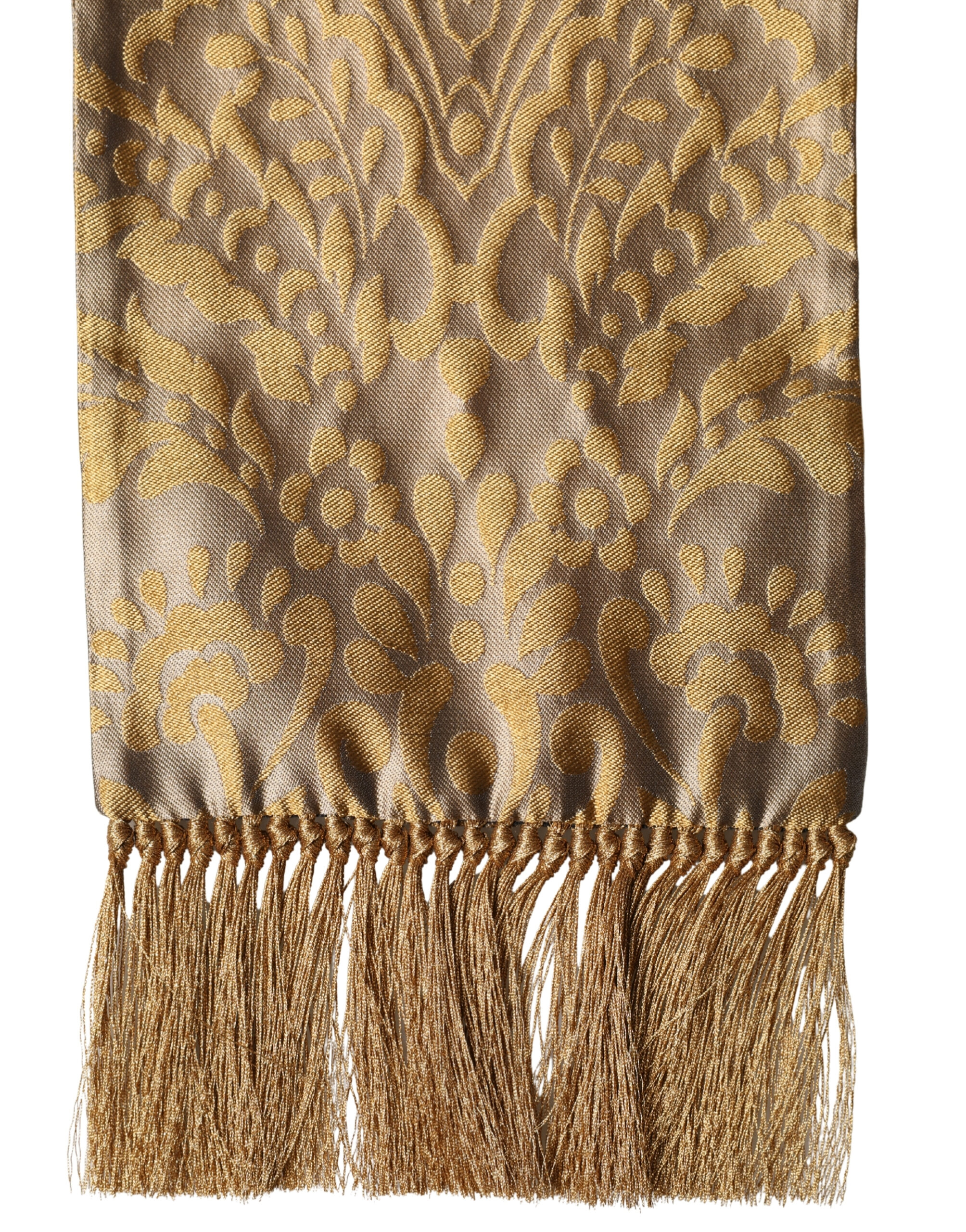Gold Baroque Pattern Silk Blend Fringed 140cm X 15cm Scarf - Thumbnail 2
