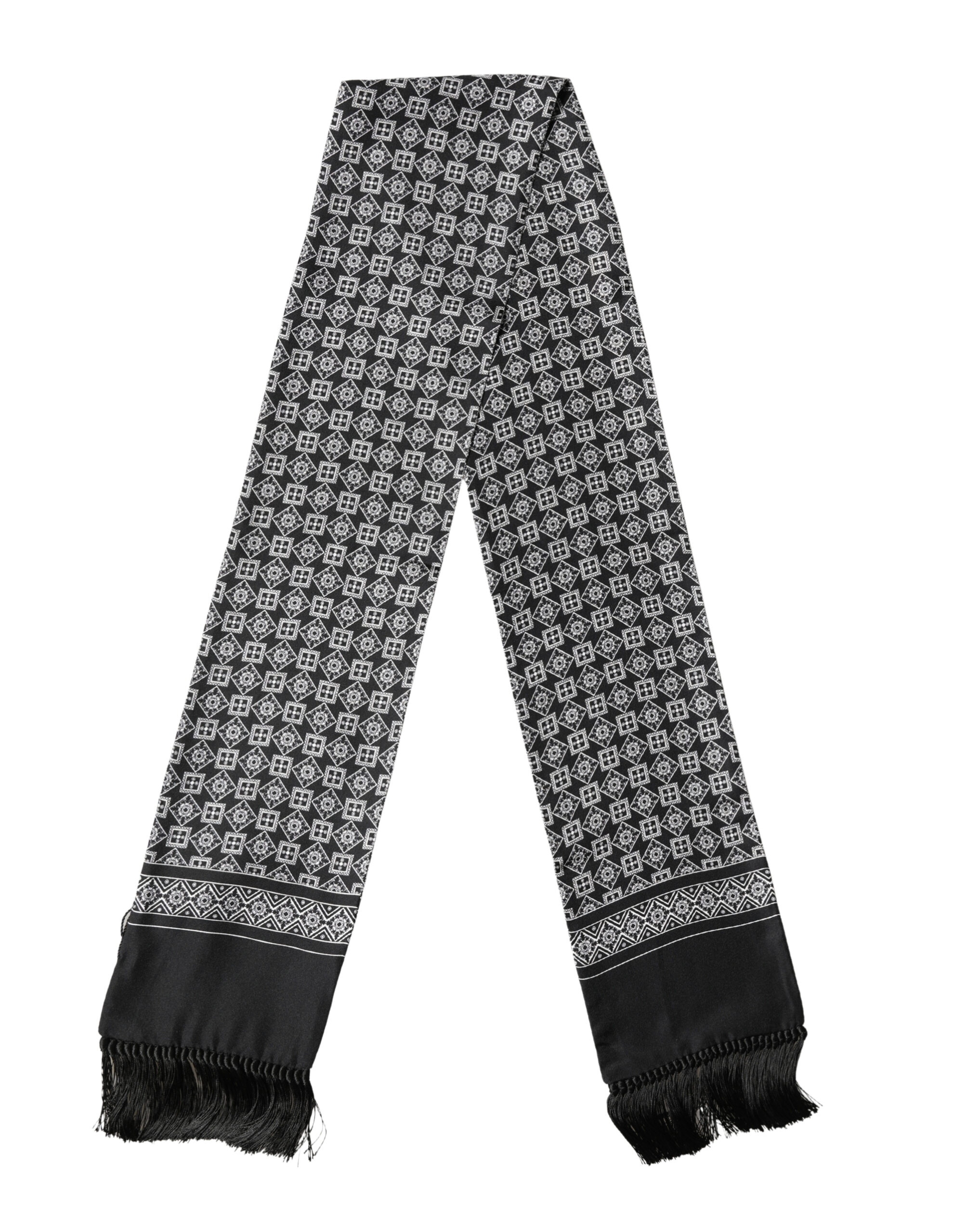 Black White Silk Geometric Neck Wrap 142cm X 15cm Scarf