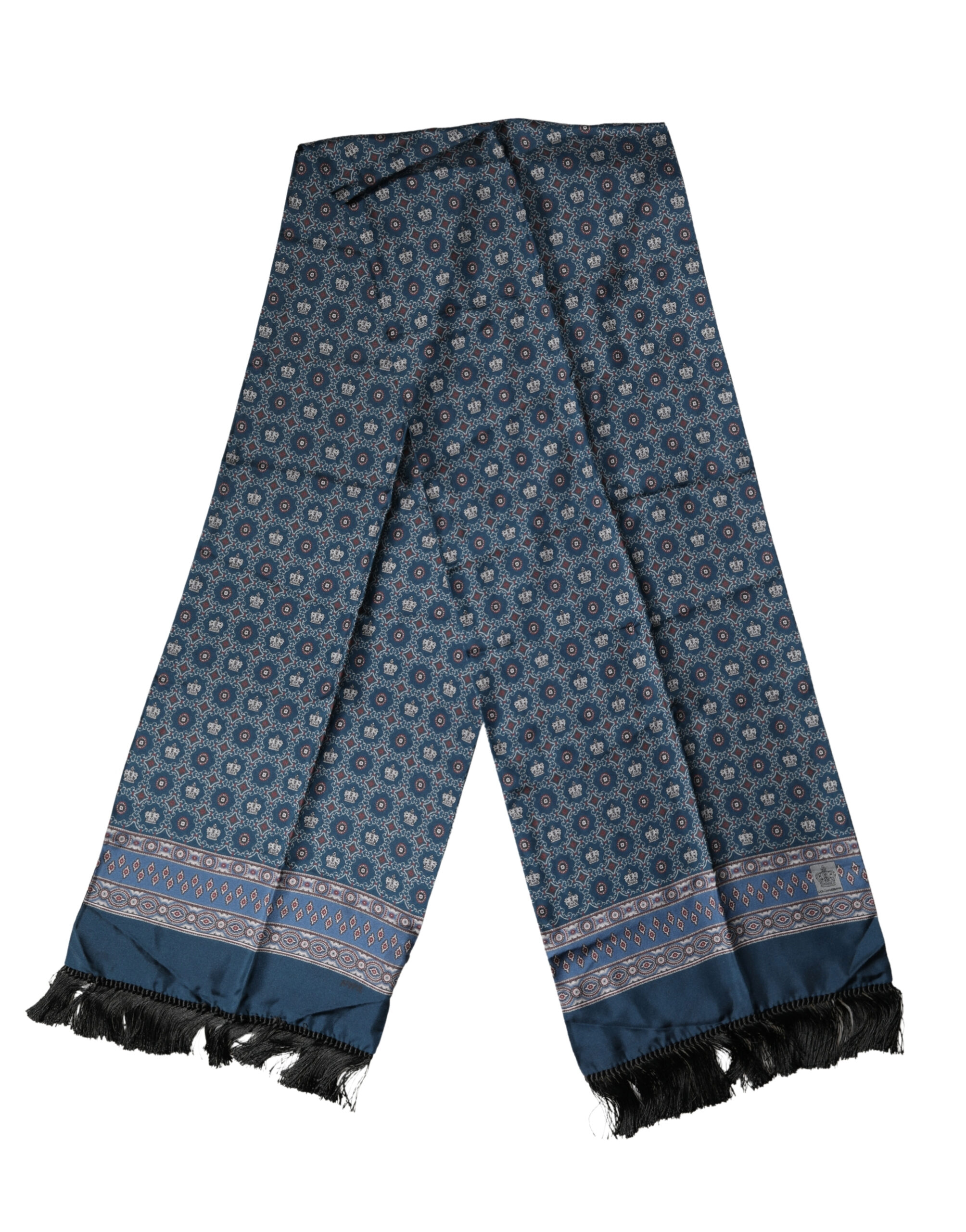 Blue Silk Crown Geometric Wrap Foulard 184cm X 33cm Scarf