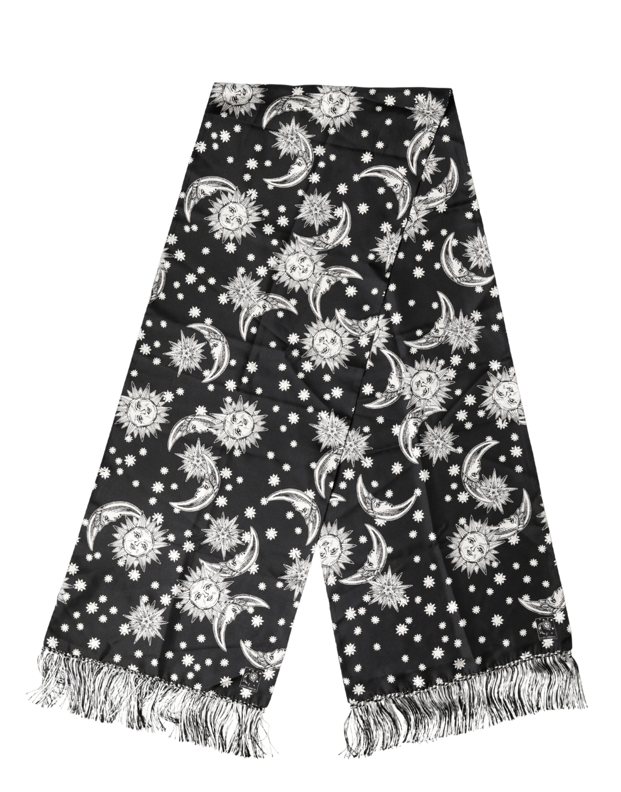 Black Silk Sun Moon Star Fringe Foulard 178cm X 33cm Scarf
