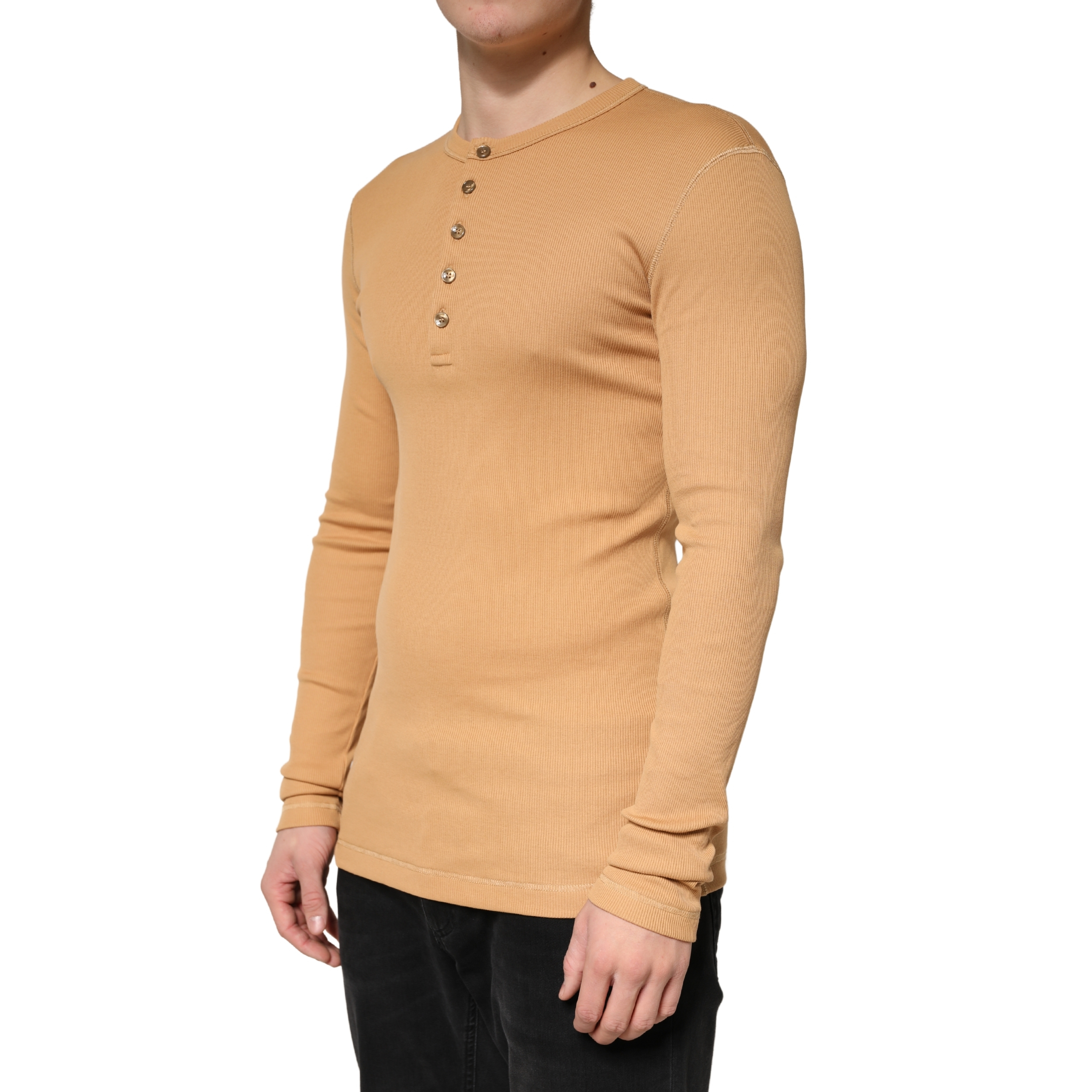 Camel Ribbed Cotton Long Sleeve Henley Sweater - Thumbnail 3
