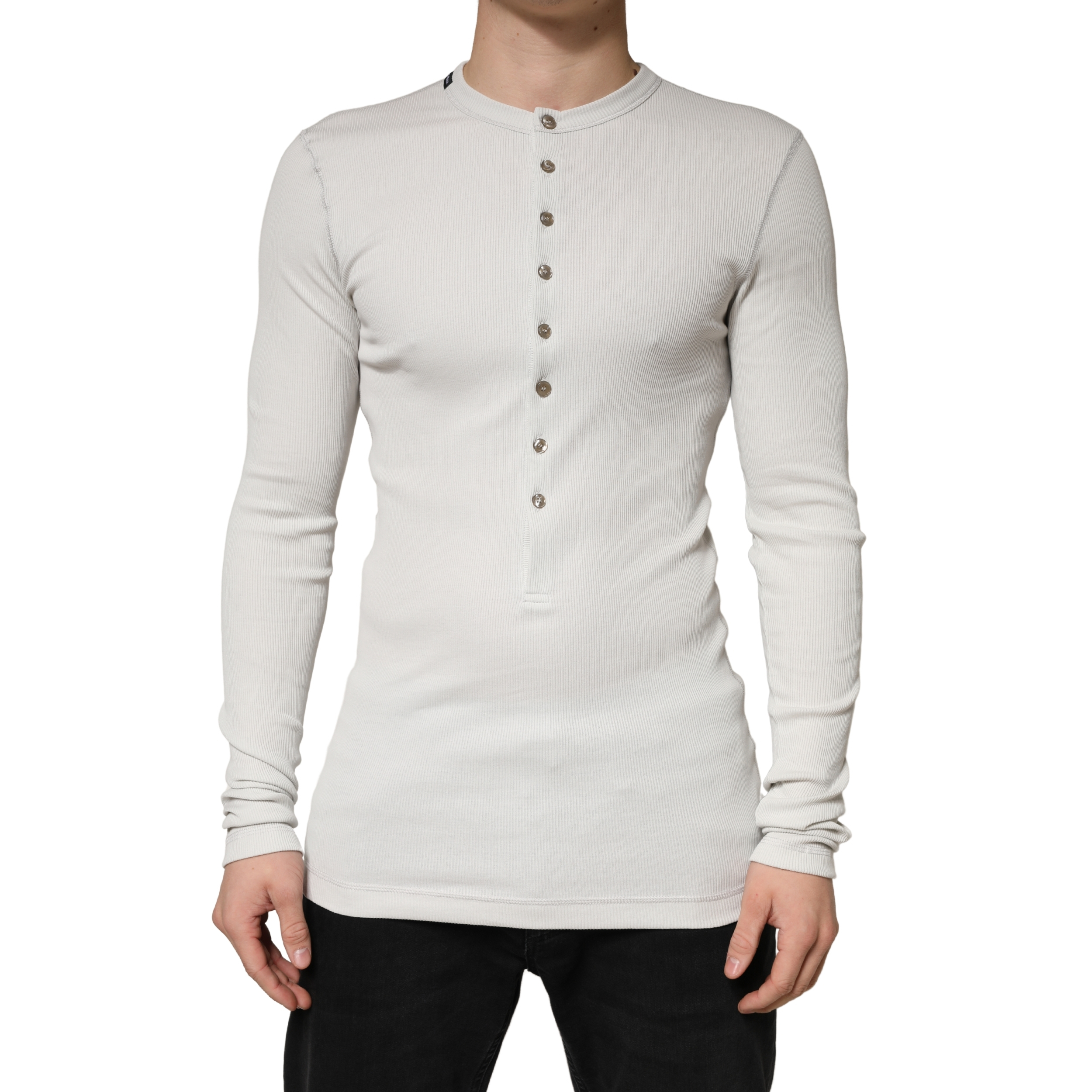 Gray Ribbed Cotton Long Sleeve Henley  Sweater