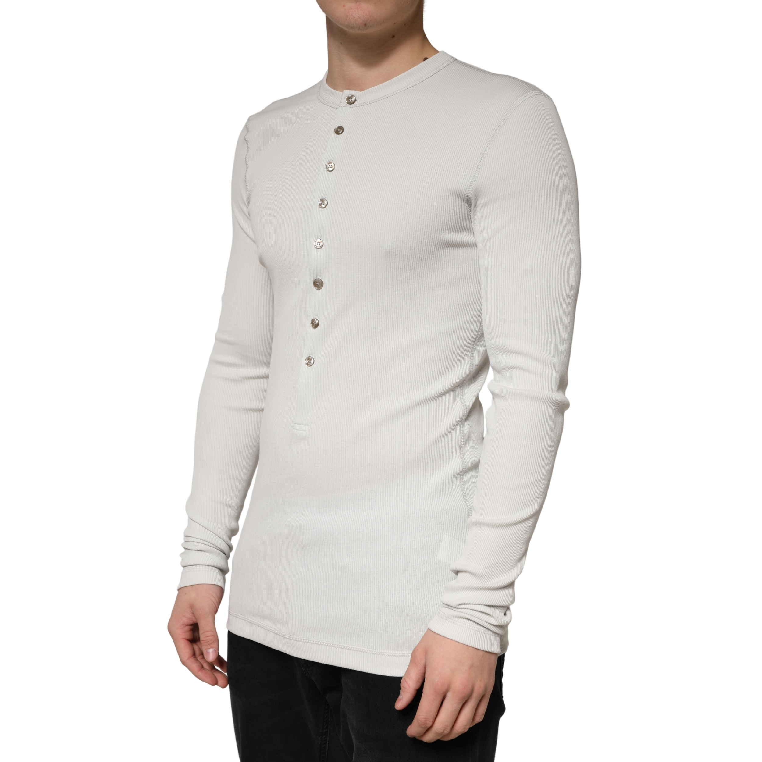 Gray Ribbed Cotton Long Sleeve Henley  Sweater - Thumbnail 3