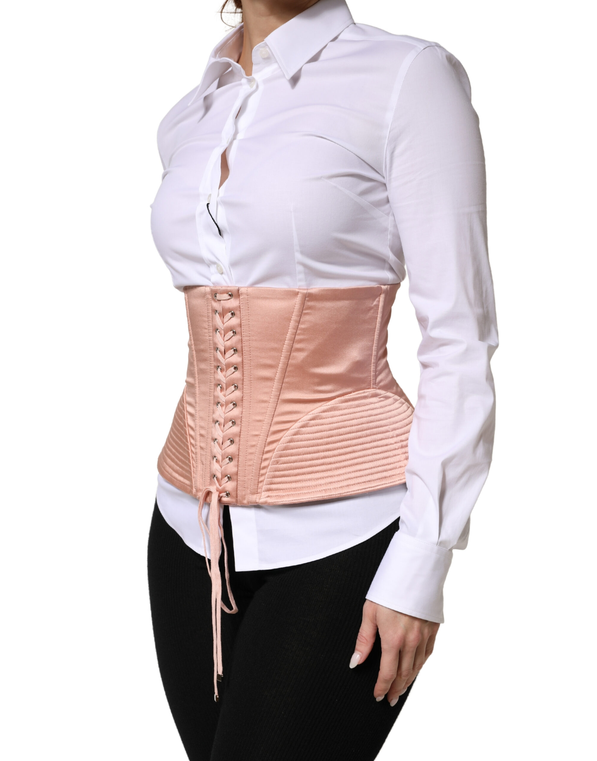 Pale Pink Silk LaceUp Waist Cincher Corset Top - Thumbnail 3