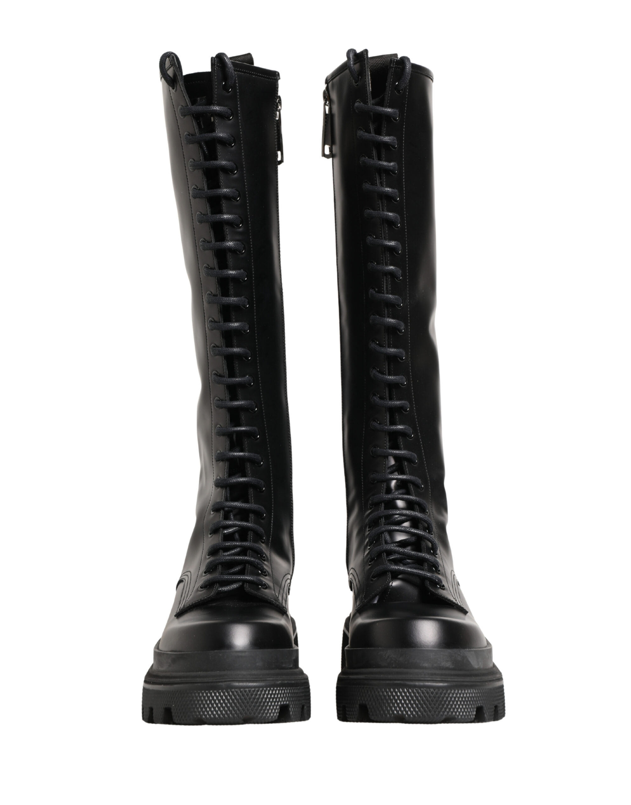 Black Leather Knee High Lace Up Boots Shoes - Thumbnail 3