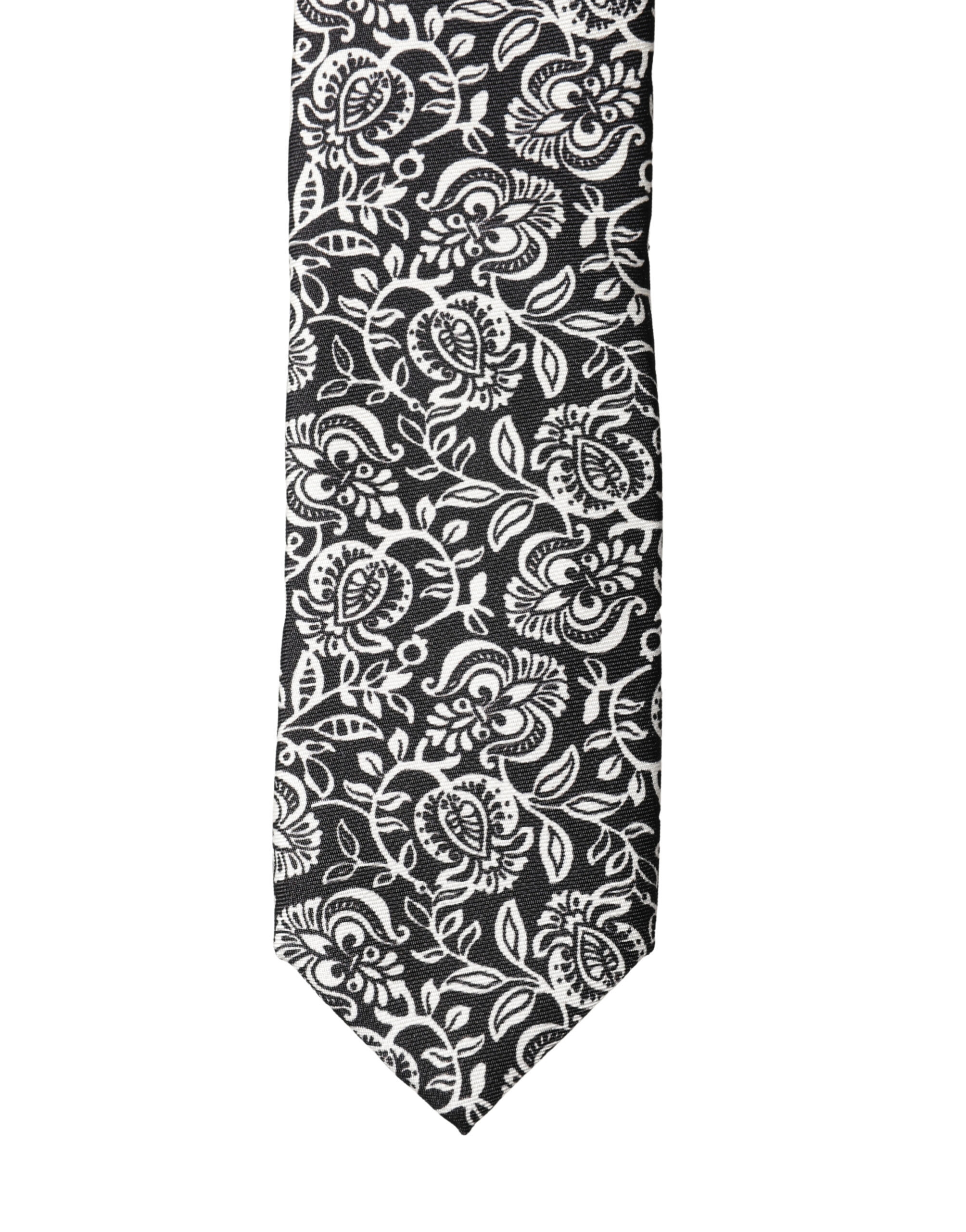 Black White Floral Fantasy Silk Adjustable Necktie Tie - Thumbnail 3