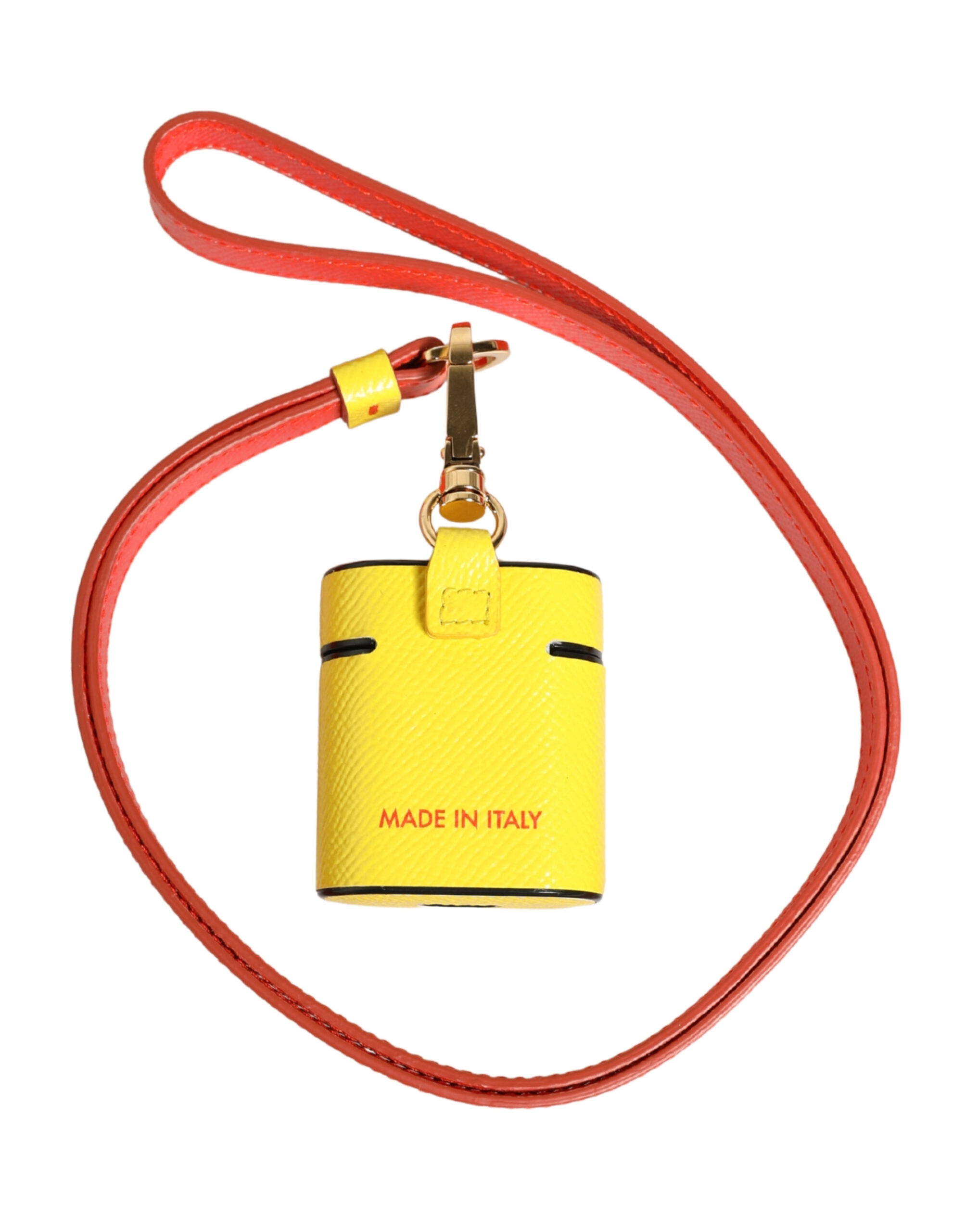 Yellow Calf Leather Logo Flip Holder Strap Airpods Case - Thumbnail 3