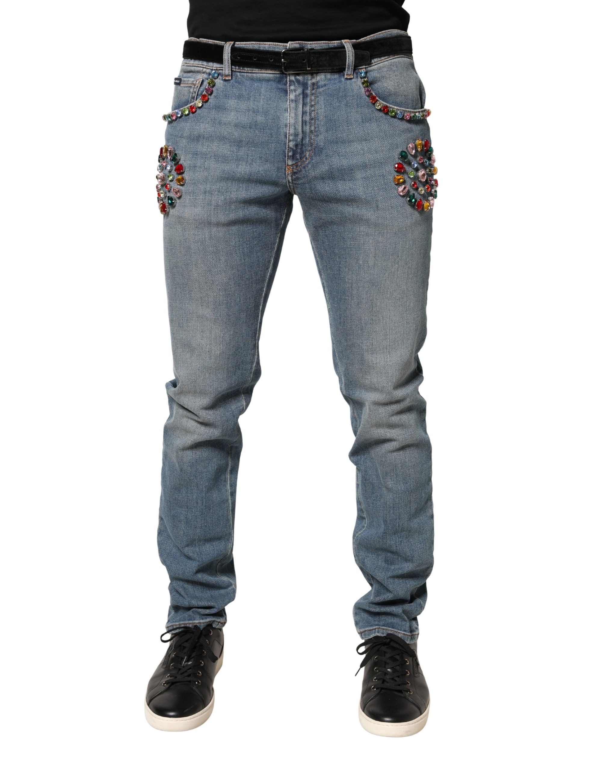 Blue Embellished Loose Cotton Men Denim Jeans