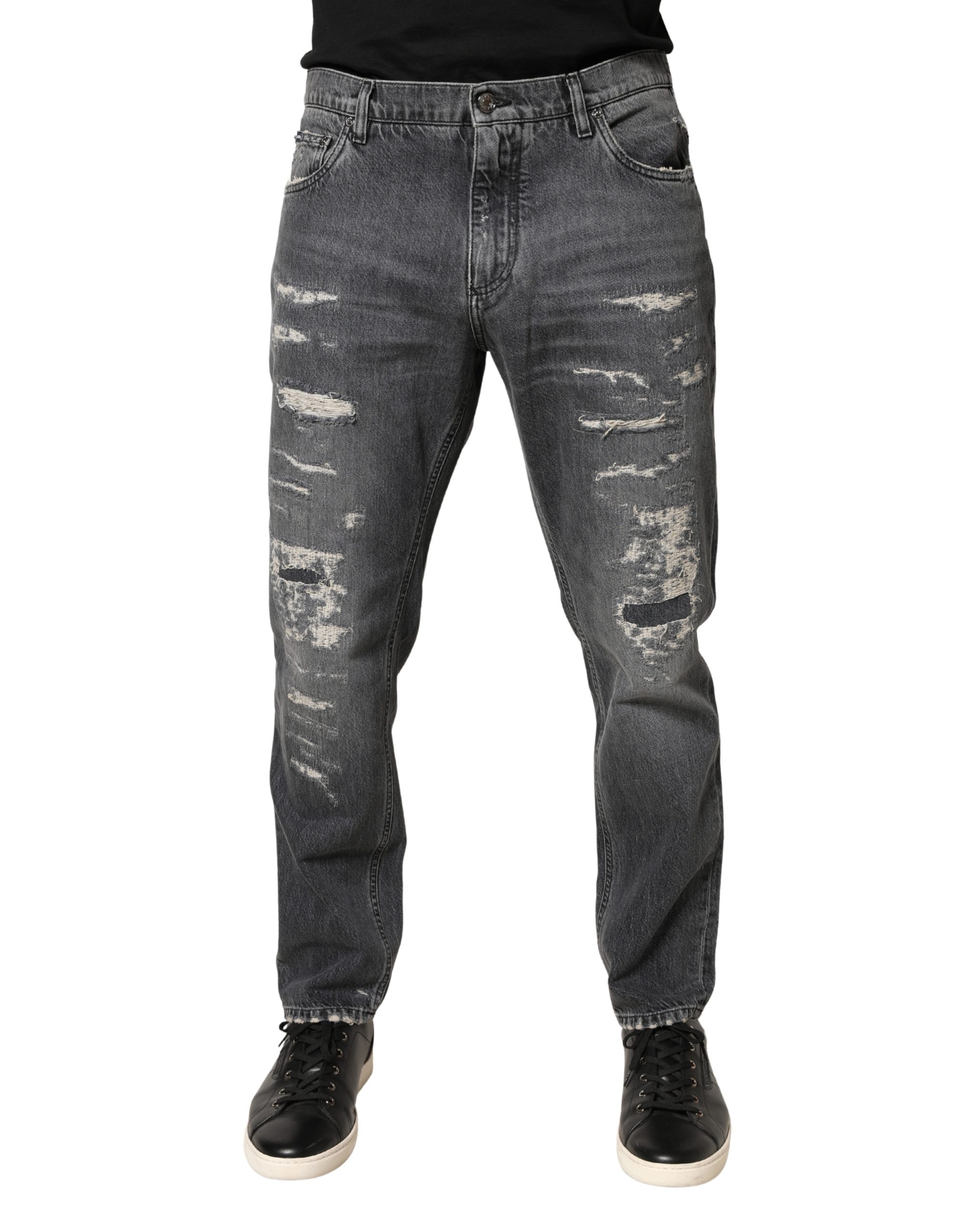 Dark Gray Tattered Cotton Loose Denim Jeans