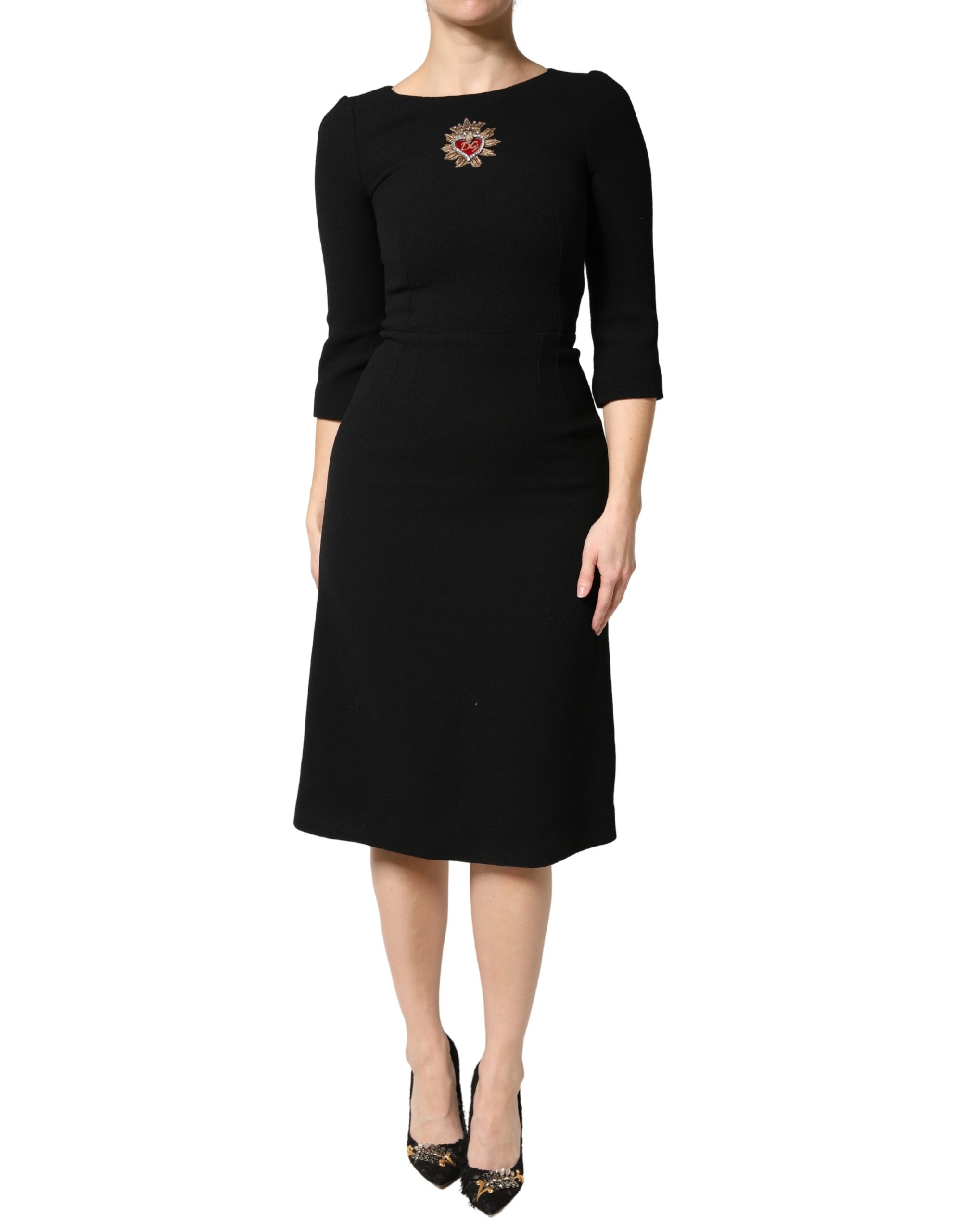 Black Wool Sacred Heart Patch Midi Dress