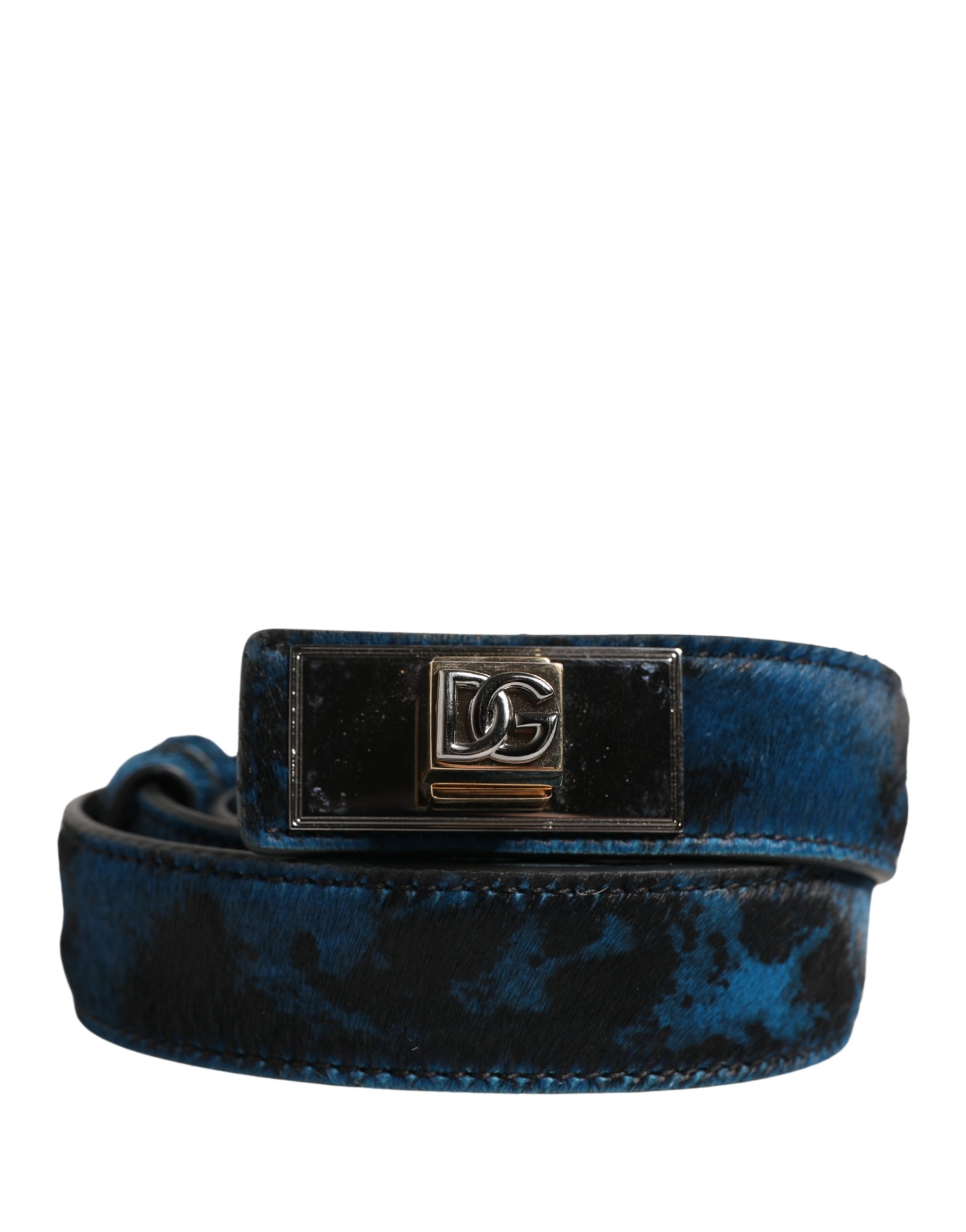 Men Blue Calf Leather Logo Metal Buckle Belt