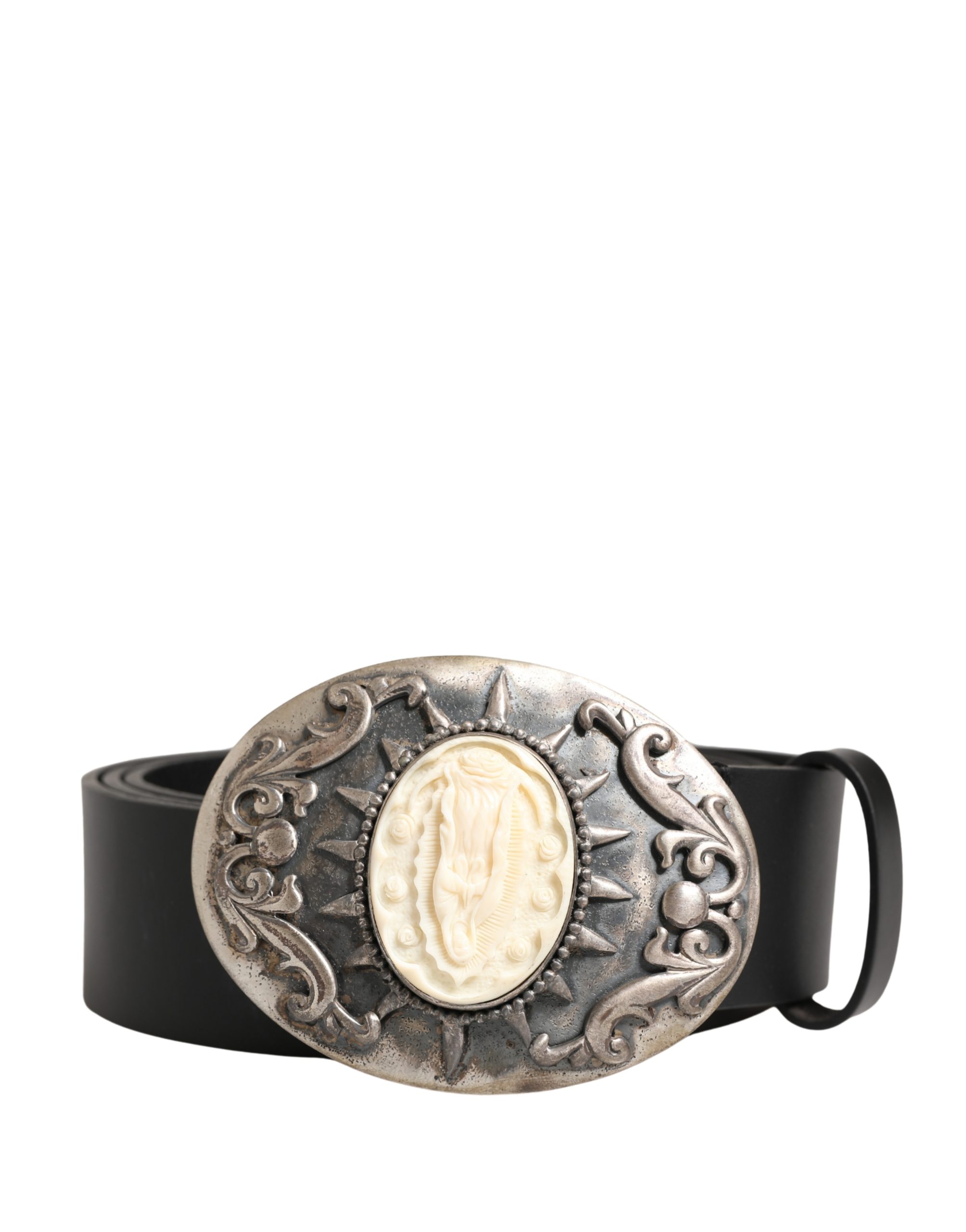 Black Calf Leather Ornate Metal Buckle Belt