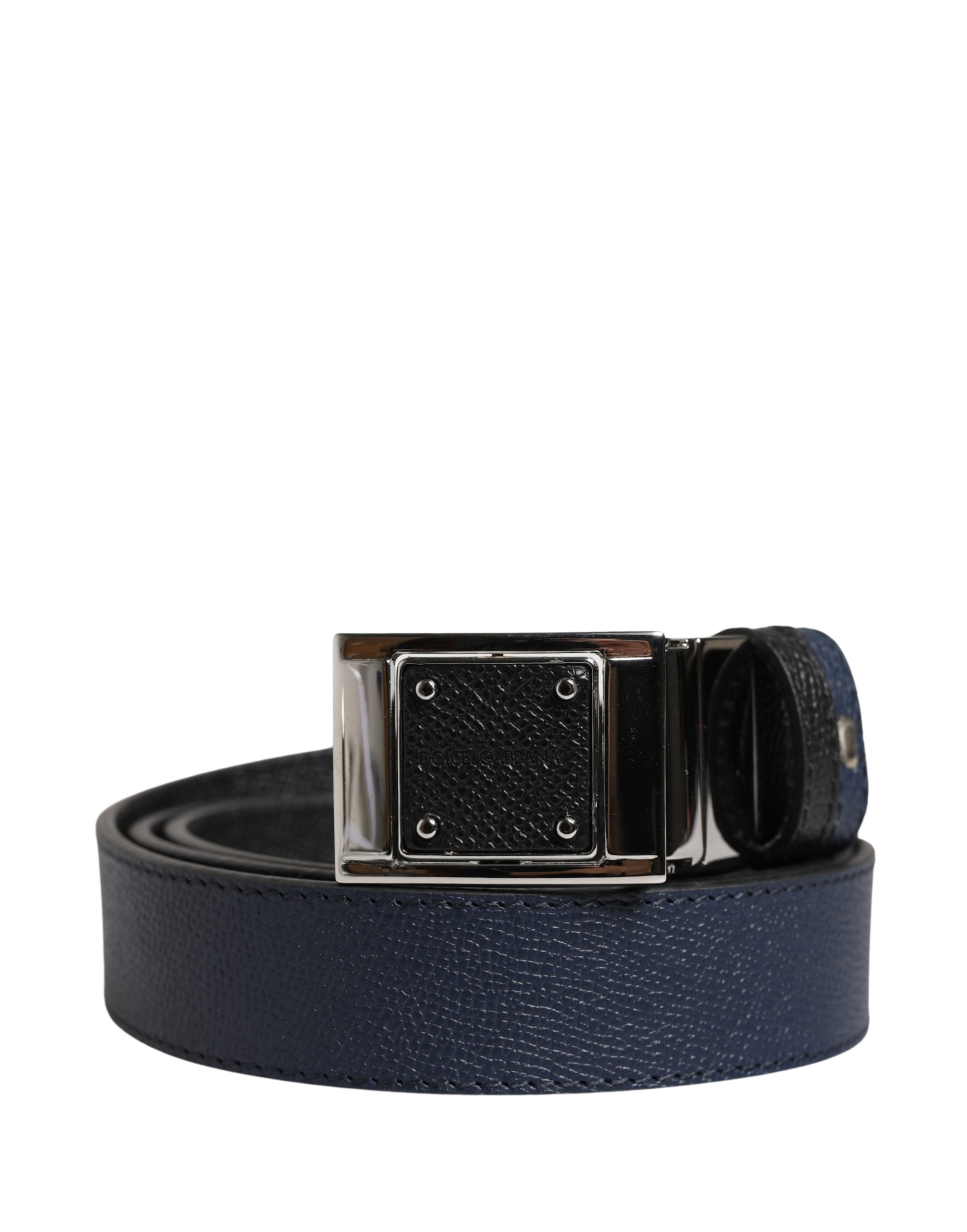 Men Blue Calfskin Leather Square Buckle Belt