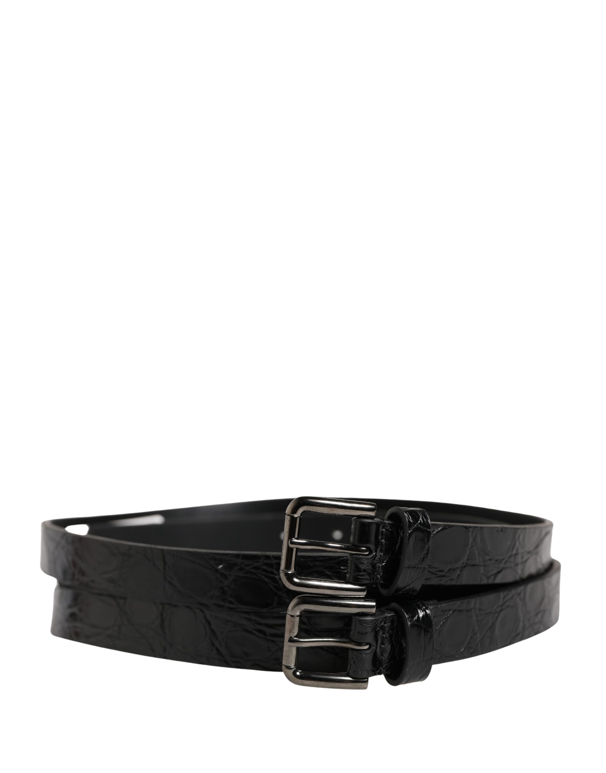 Black Double Strap Leather Silver Buckle Belt