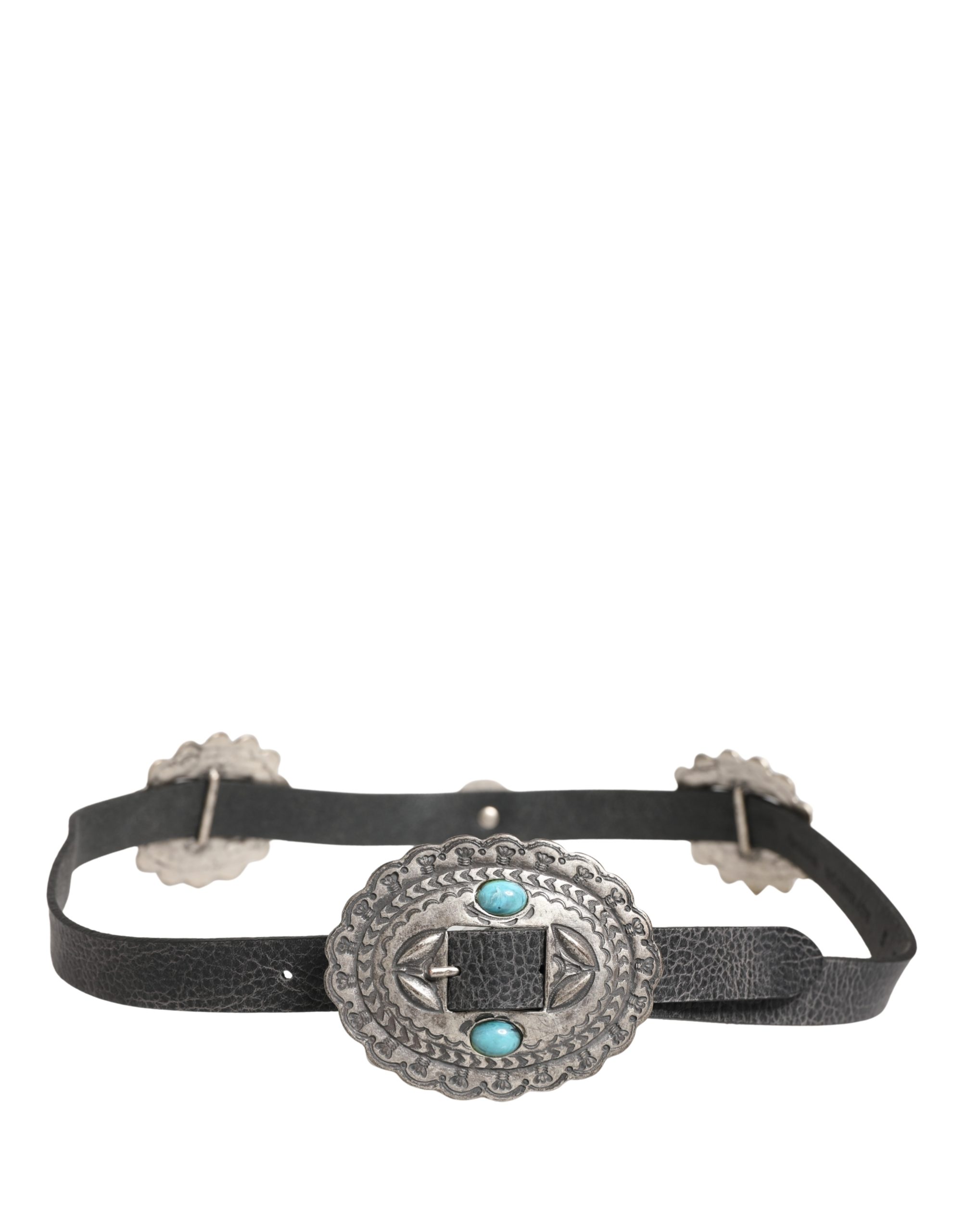 Black Turquoise Leather Embellished Oval Buckle Belt