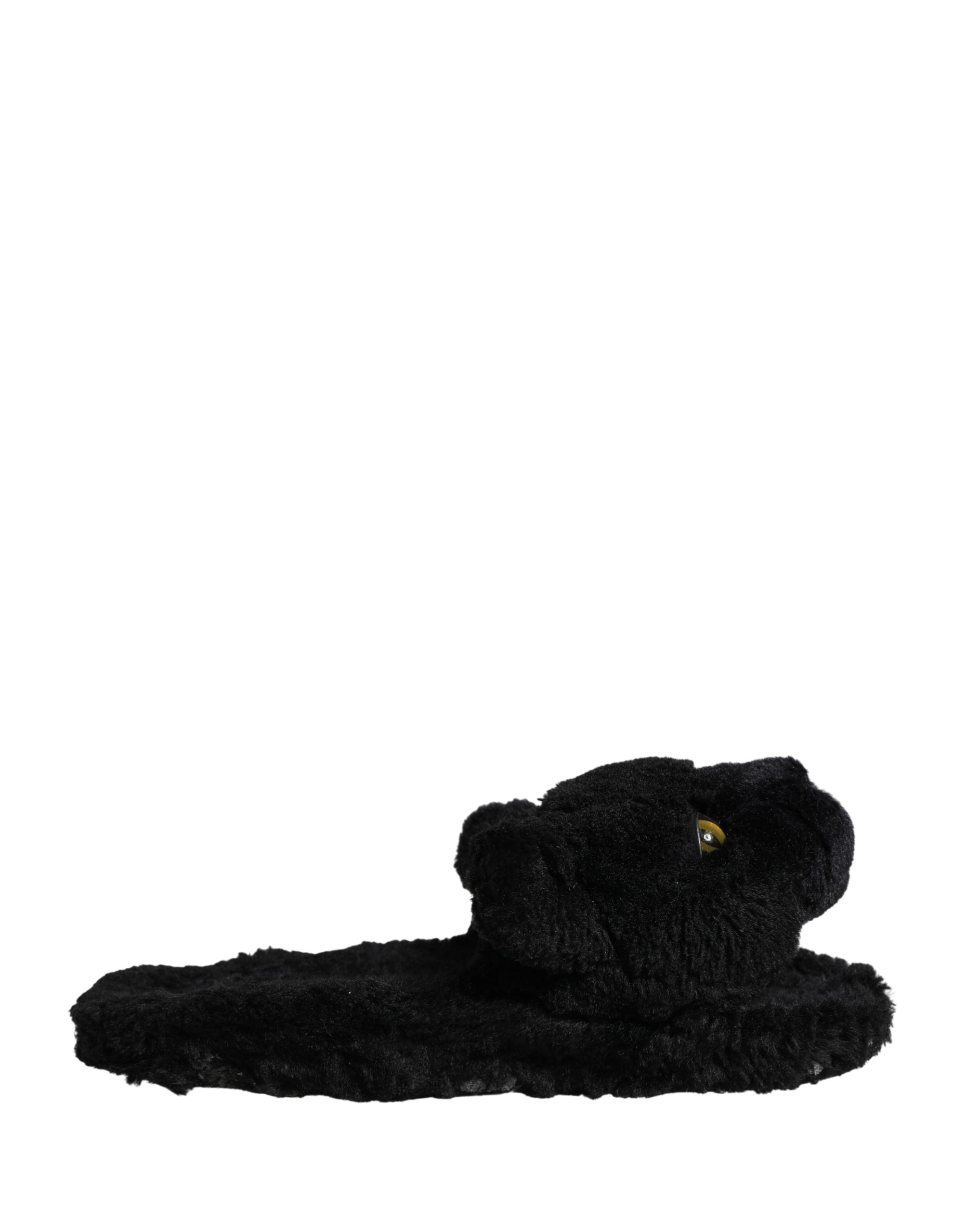 Black Faux Fur Panther Plush Flat Slides Shoes