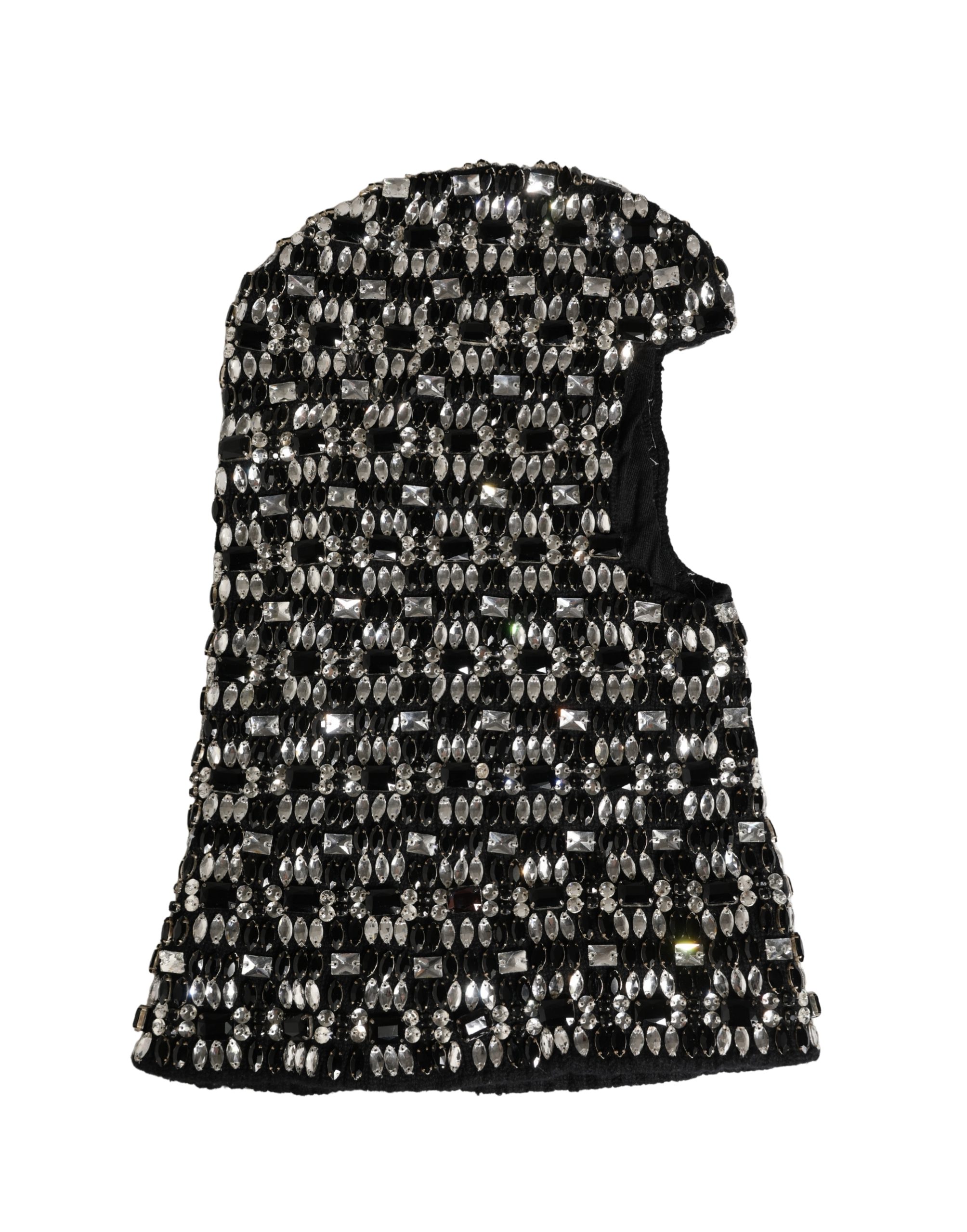 Black Wool Crystal Embellished Balaclava Hat