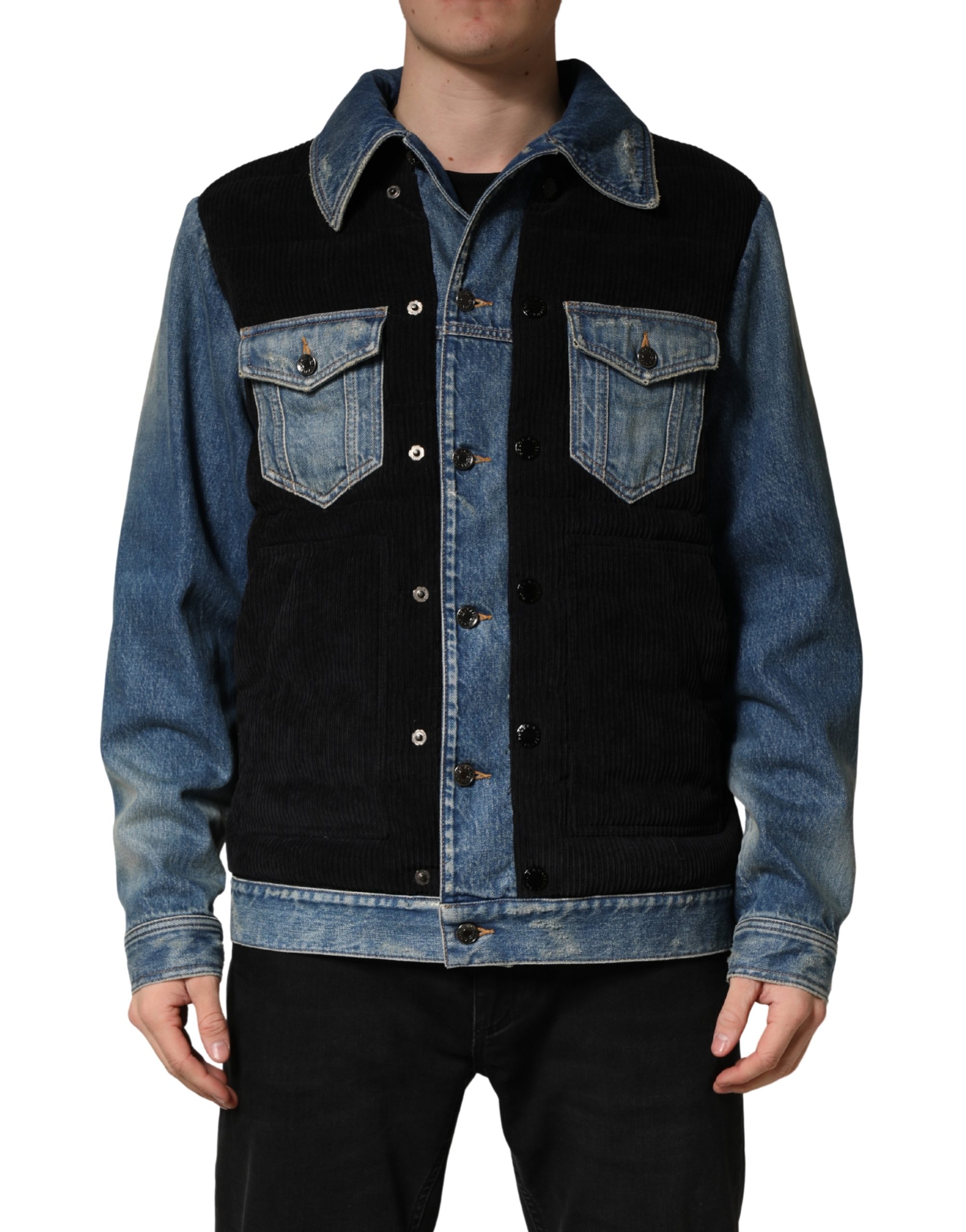 Black Blue Cotton Denim Blouson Men  Jacket