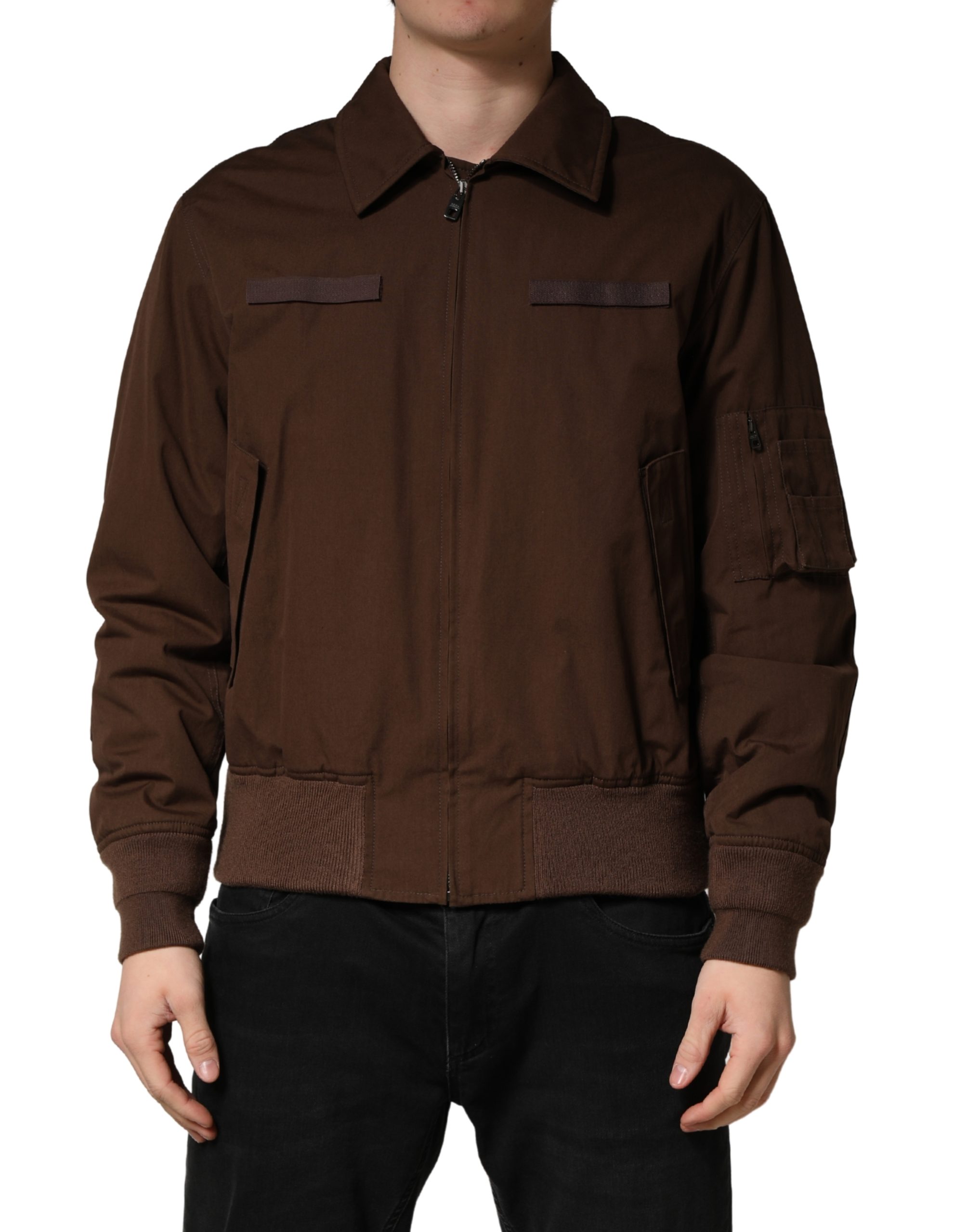 Brown Cotton Stretch Full Zip Bomber Jacket