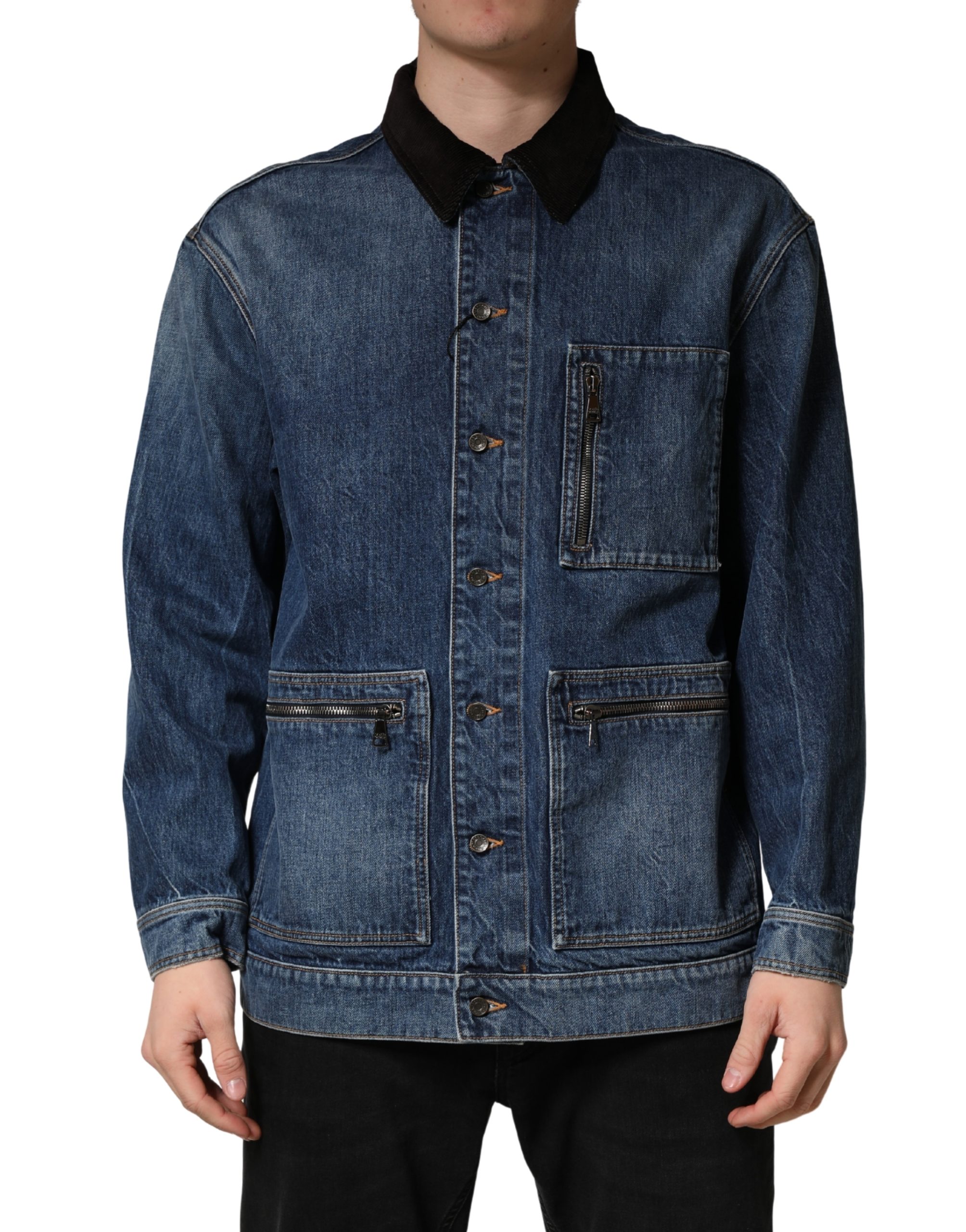 Black Blue Cotton Denim Blouson Men Jacket
