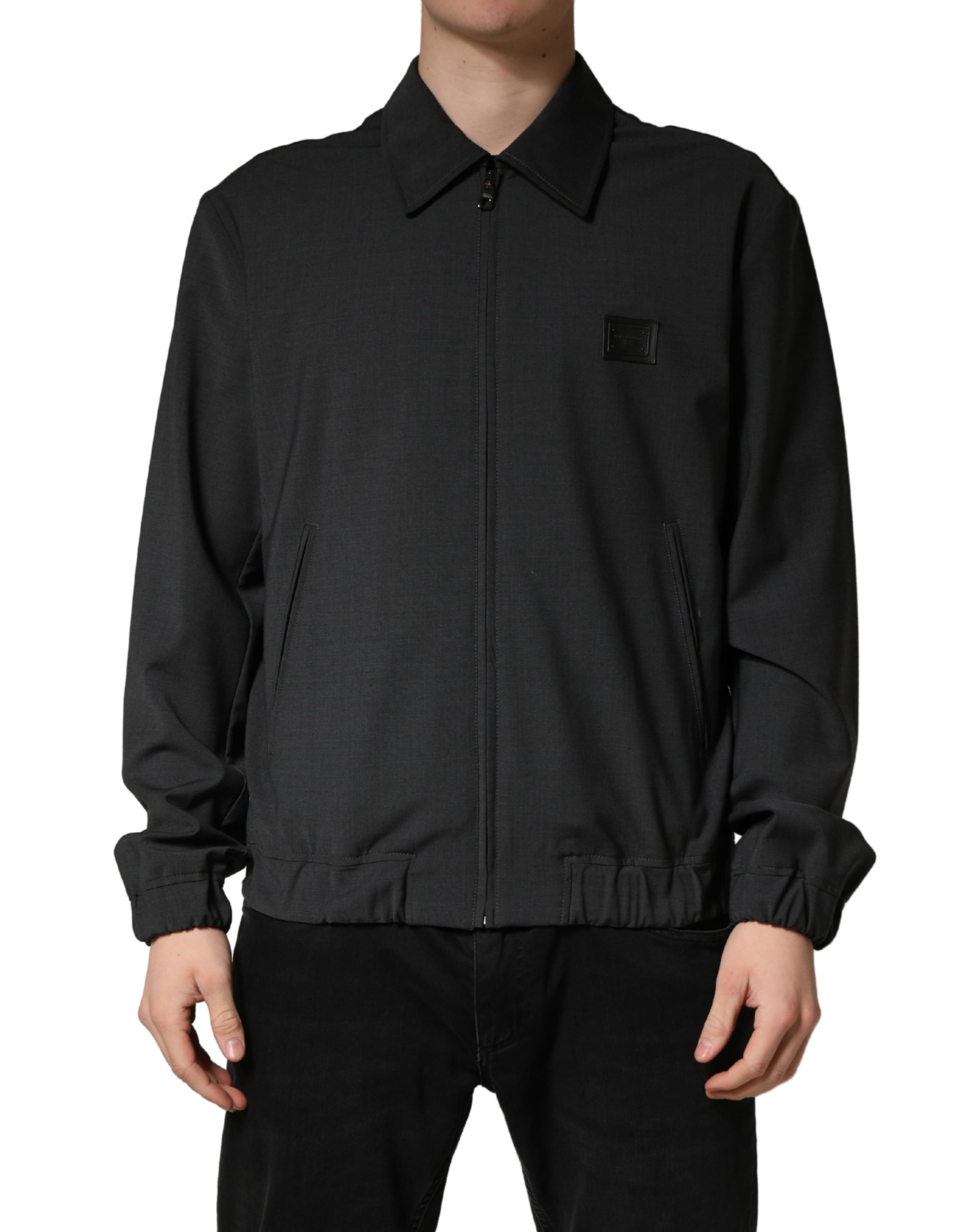 Black Wool Logo Full Zip Men Bomber Jacket