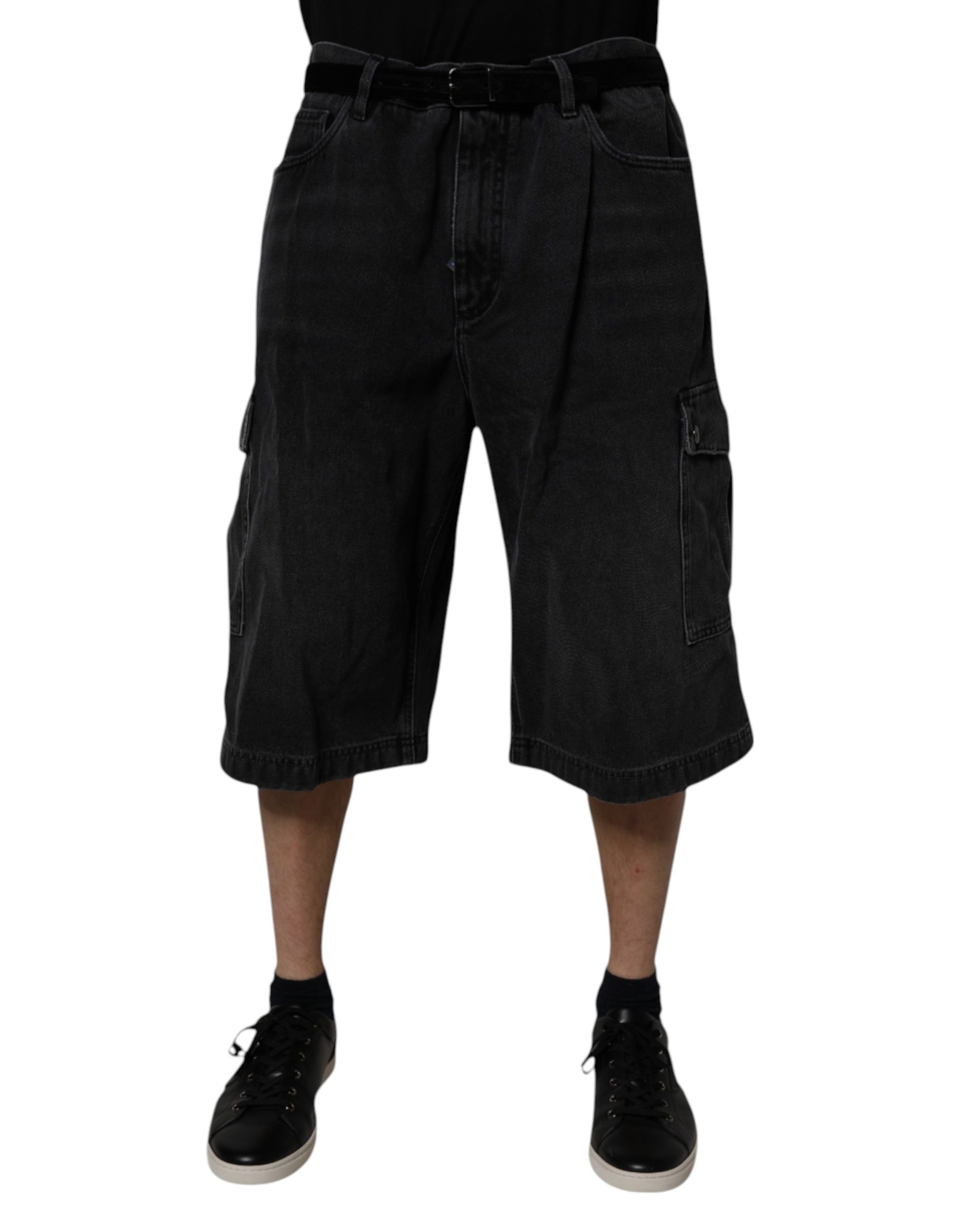 Black Mid Waist Denim Cargo Bermuda  Shorts
