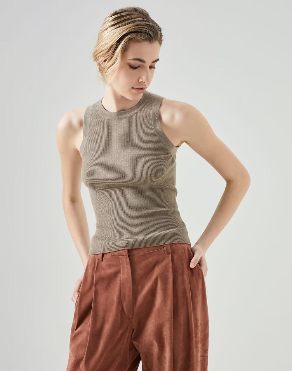Brown Cashmere Sleeveles T-Shirt