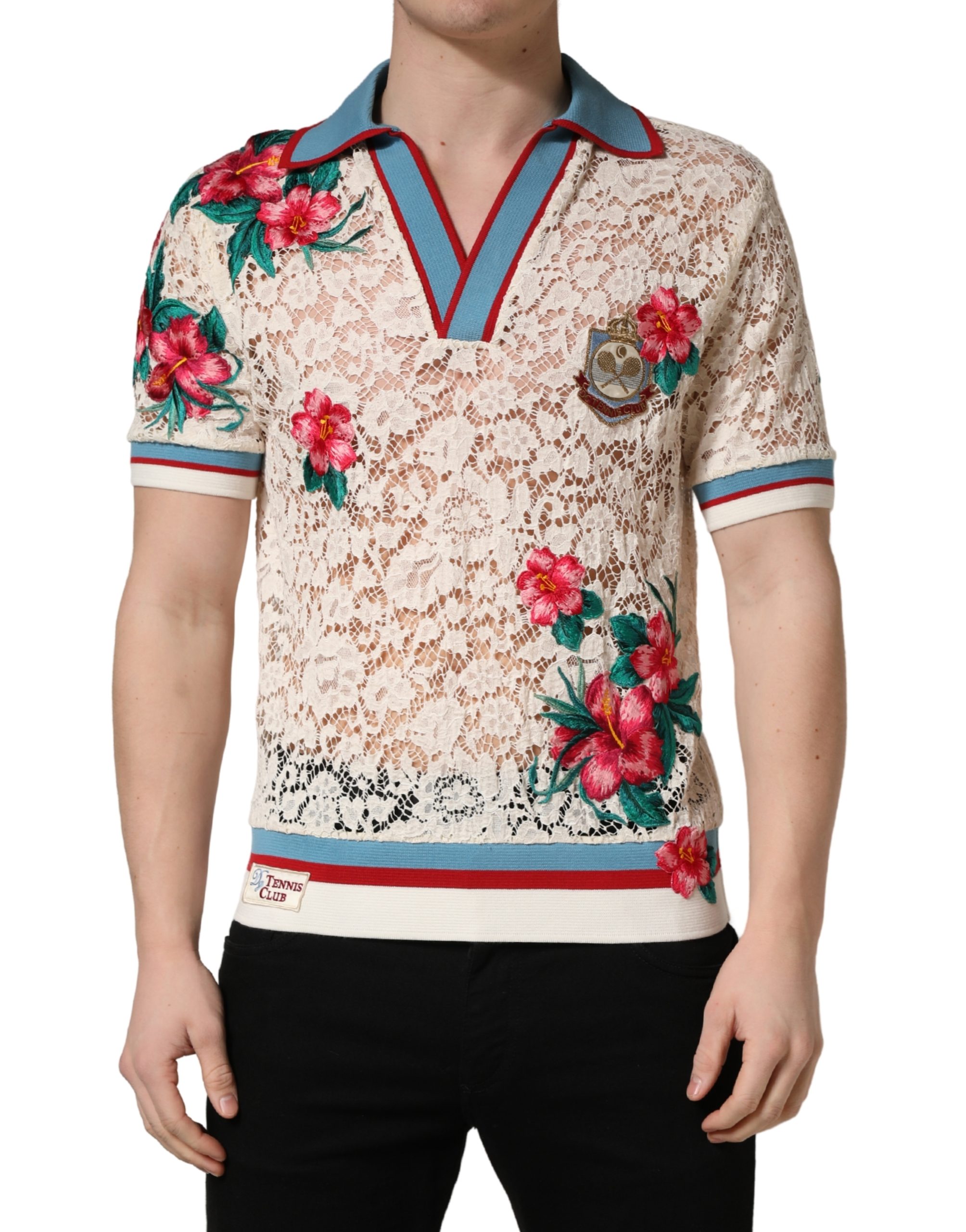 Beige Floral Tennis Club Lace Polo T-shirt
