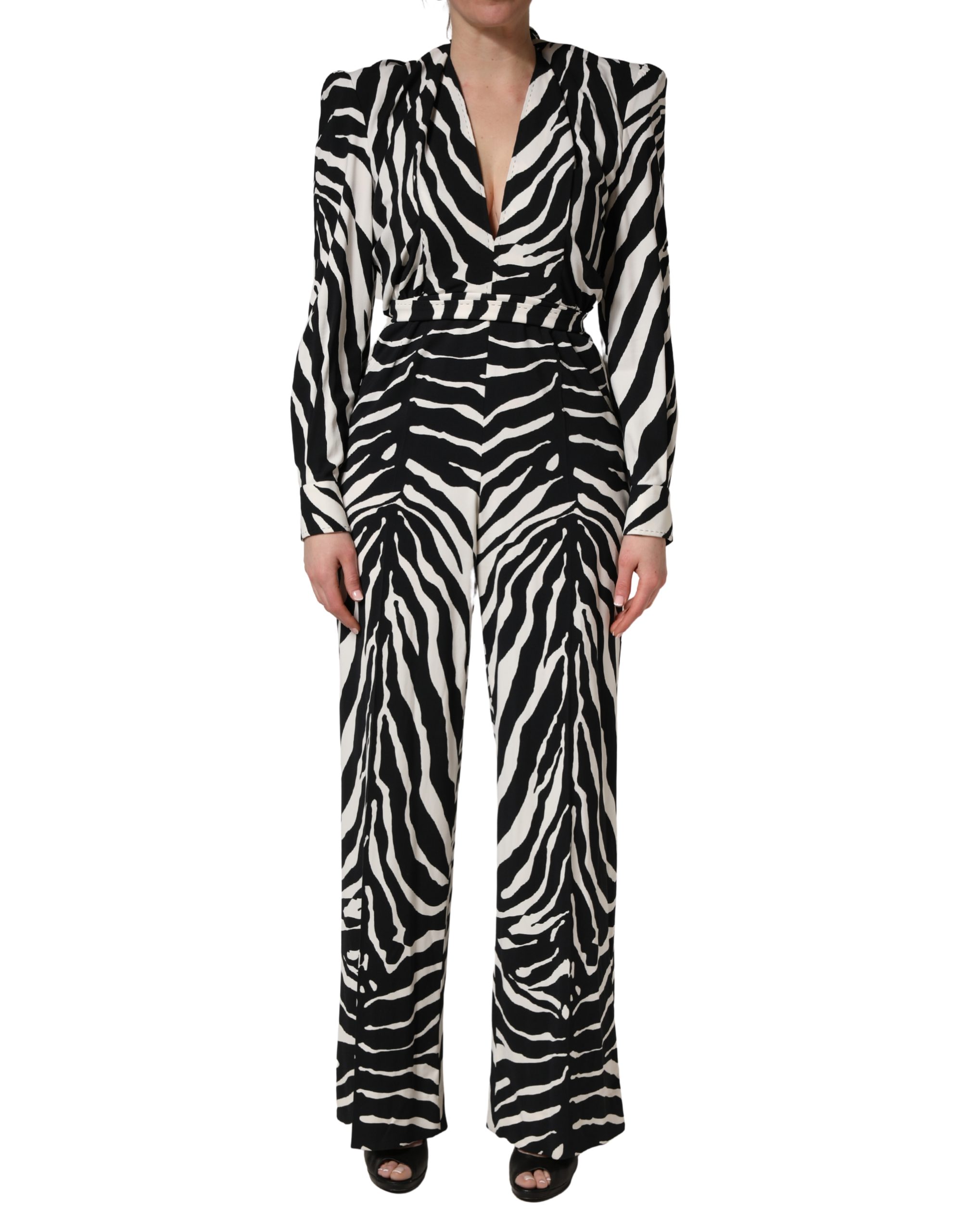 Black White Viscose Zebra Pattern Jumpsuit