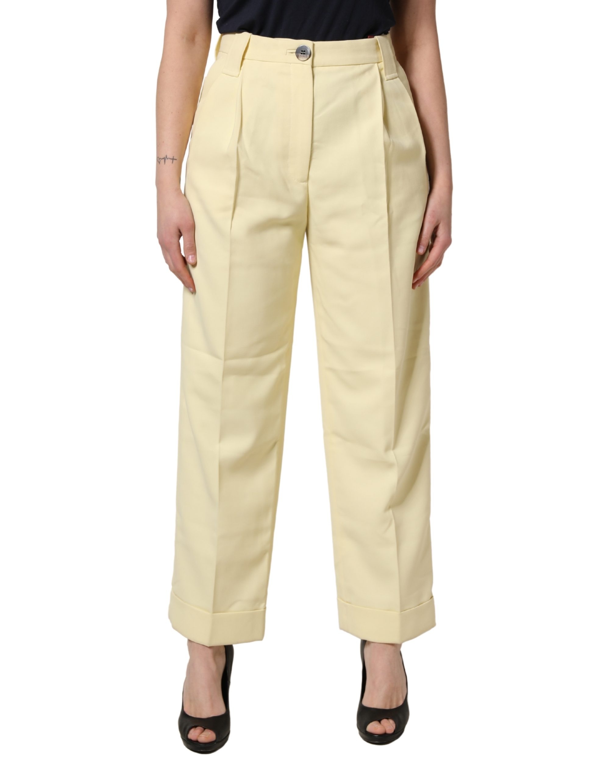 Yellow High Waisted Straight Pleated Trouser Pants
