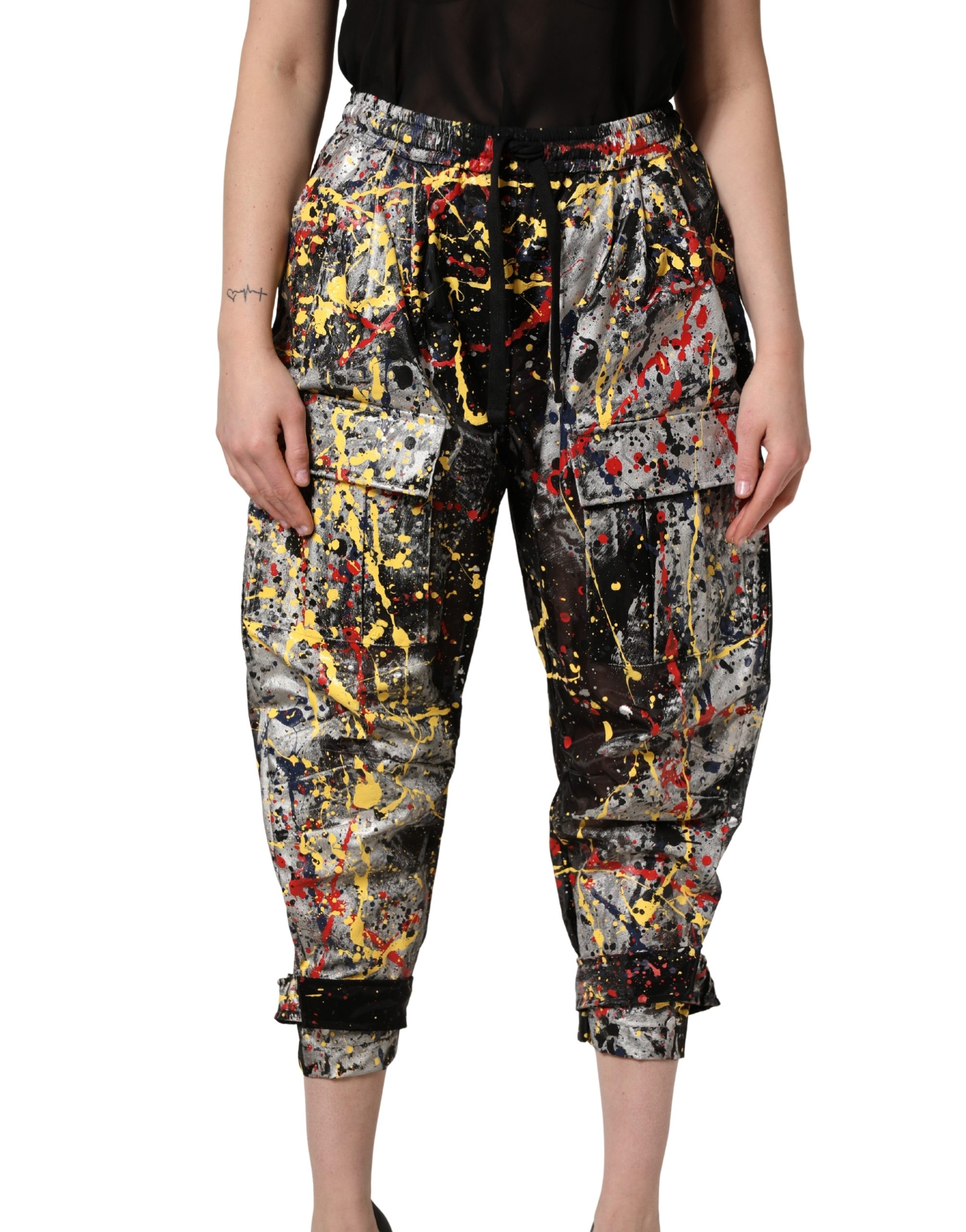 Black ColorSplash Effect Cargo Cropped Pants