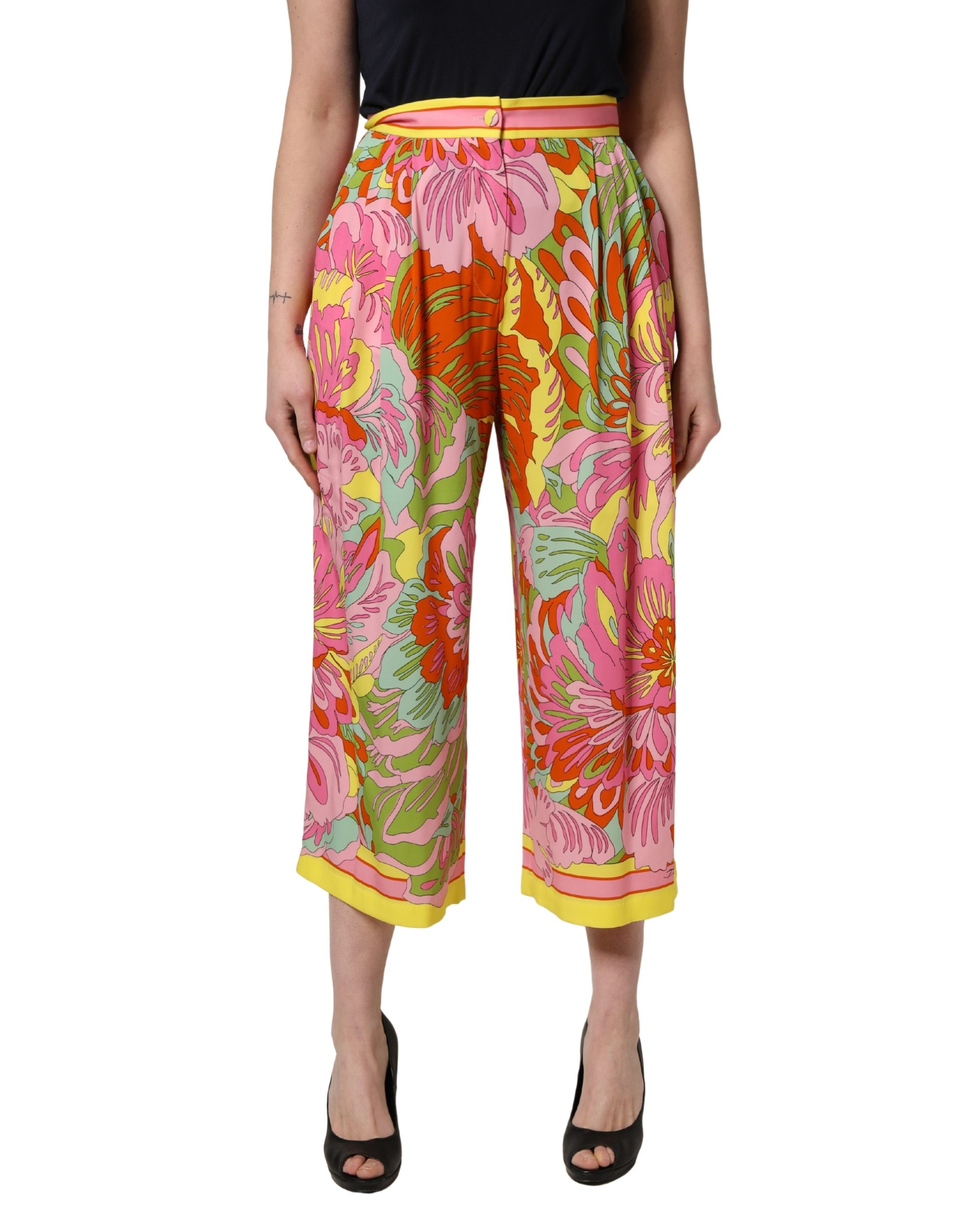 Multicolor FloralPrint Cropped Trouser Pants