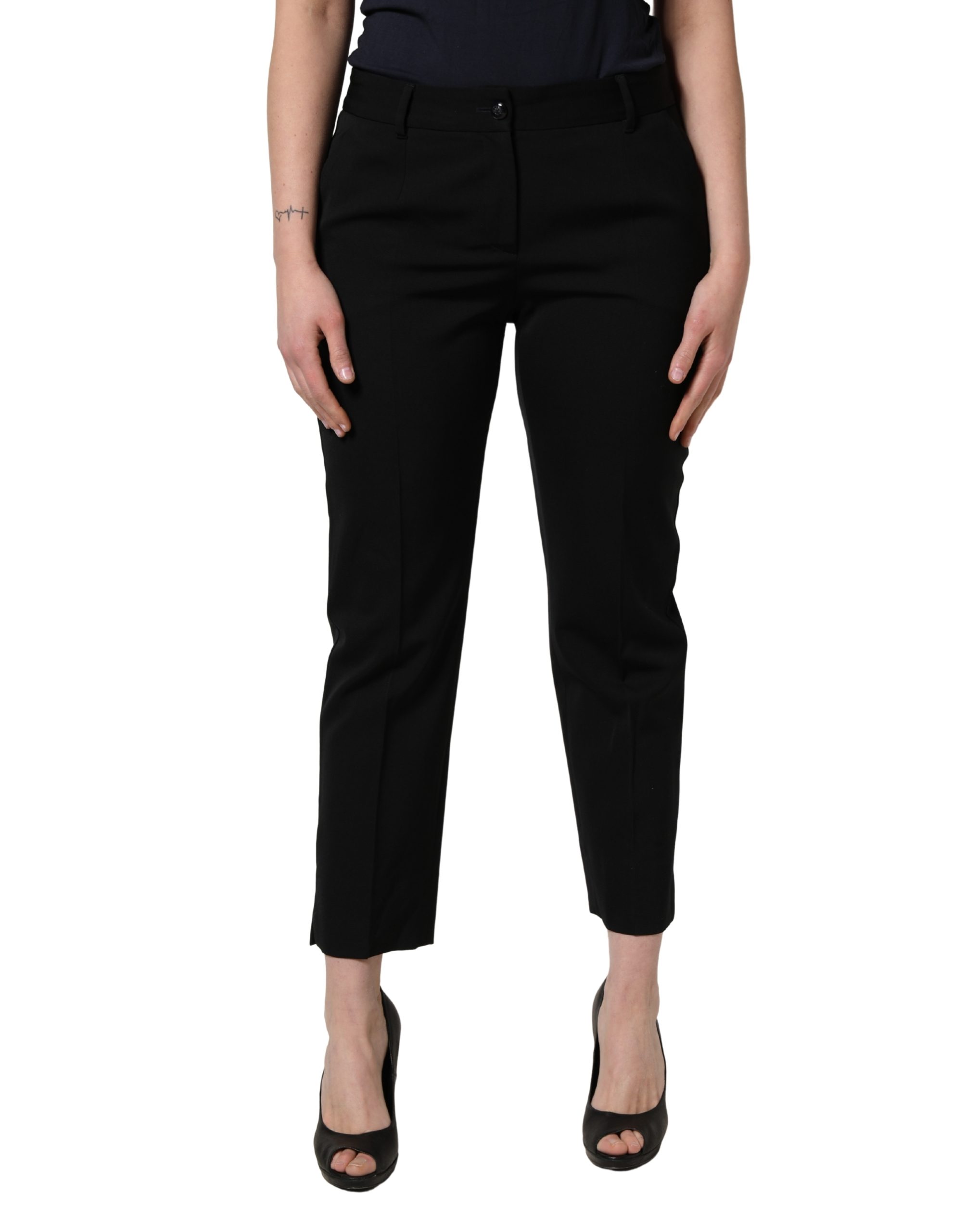Black Wool High Waist Cropped Tapered Pants