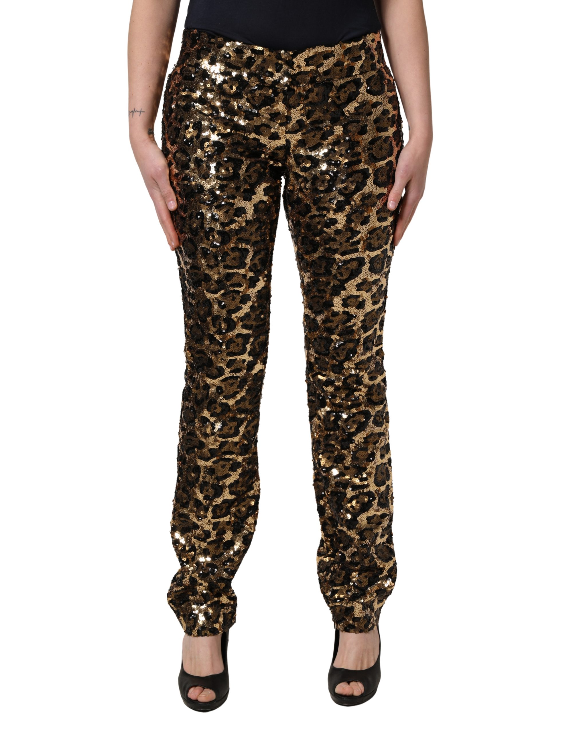 Gold Leopard Sequined Straight Trouser Pants