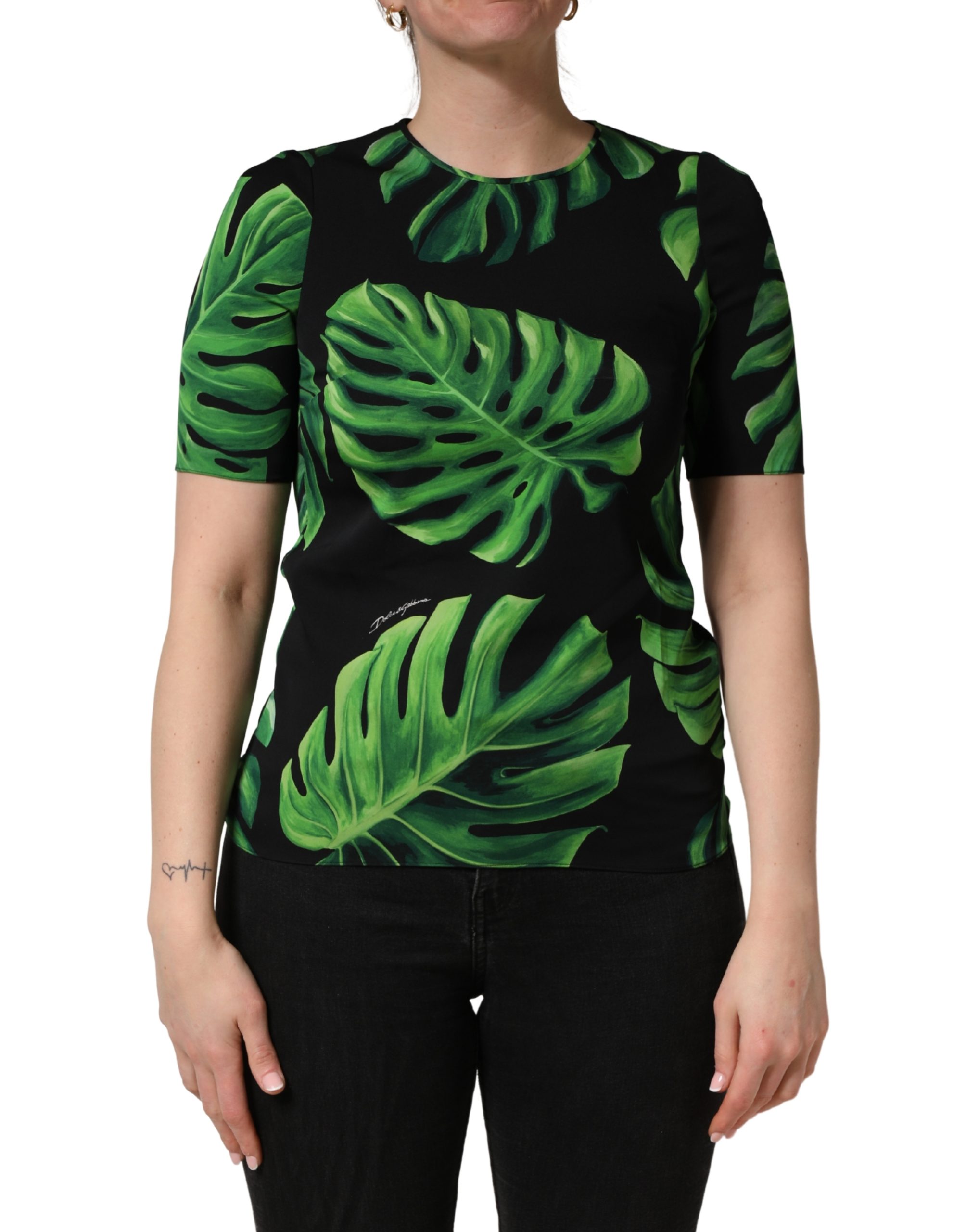 Black Philodendron Print Silk Blouse Top
