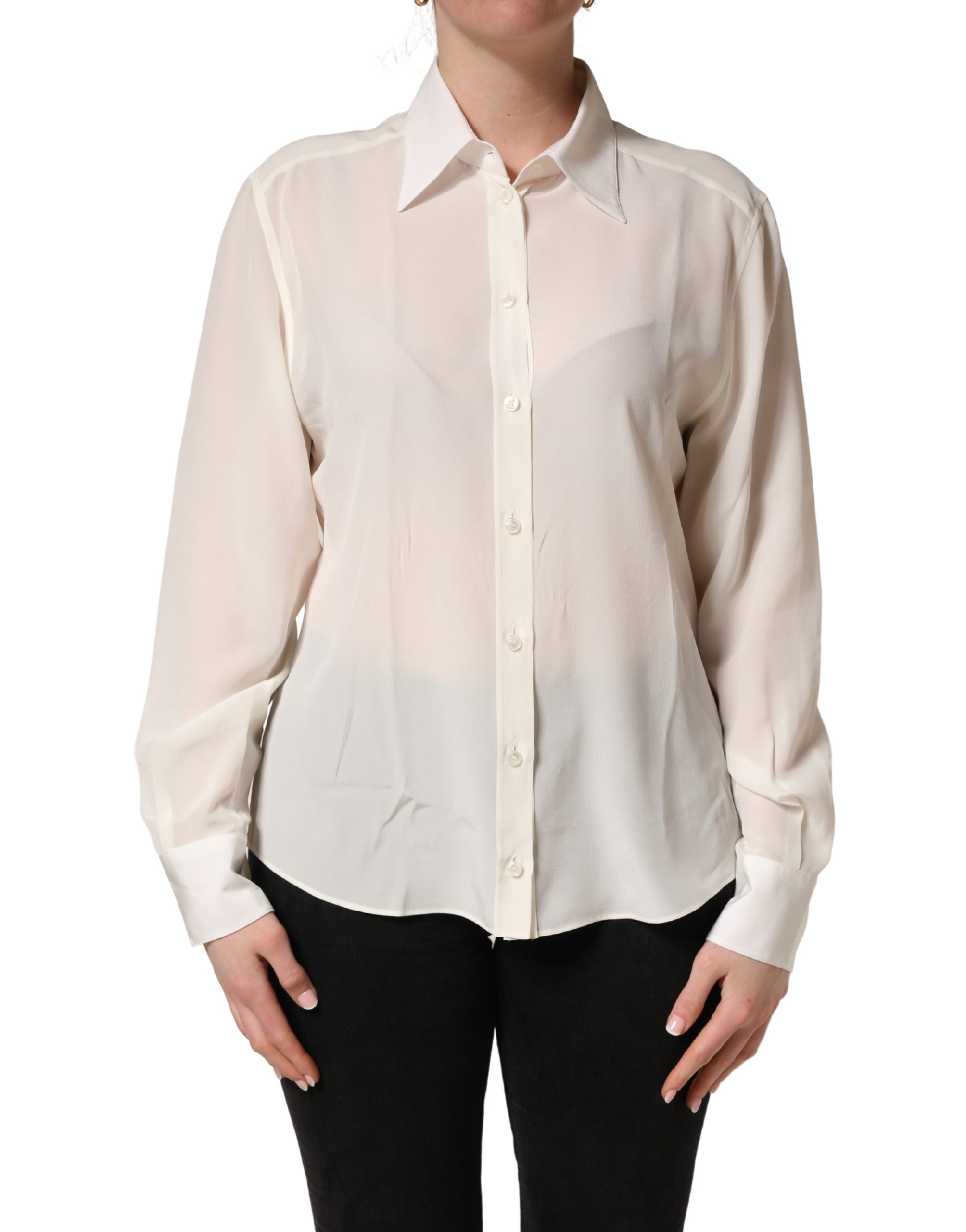 Off White Collared Long Sleeves Blouse Top