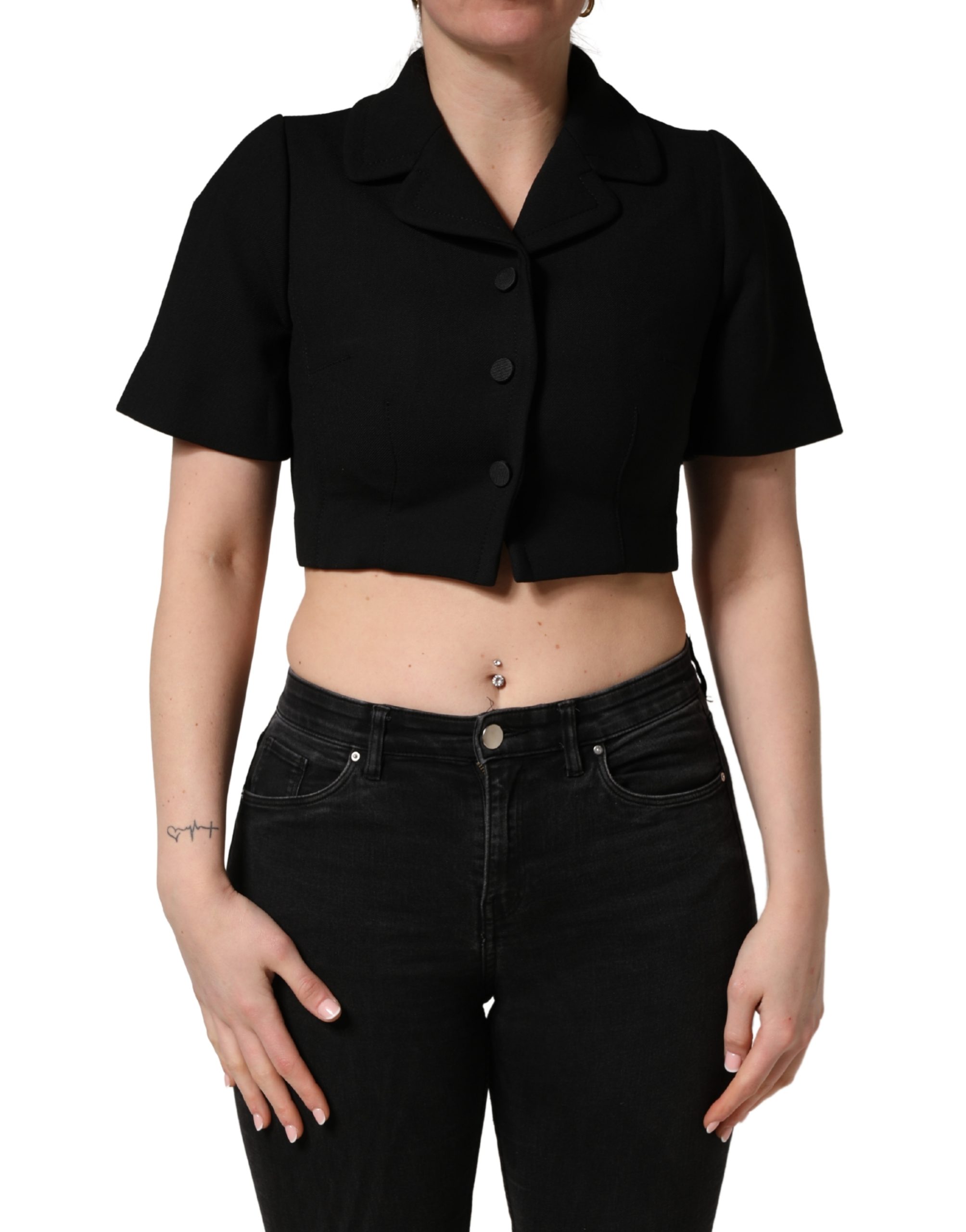 Black Collared Short Sleeves Cropped Blouse Top
