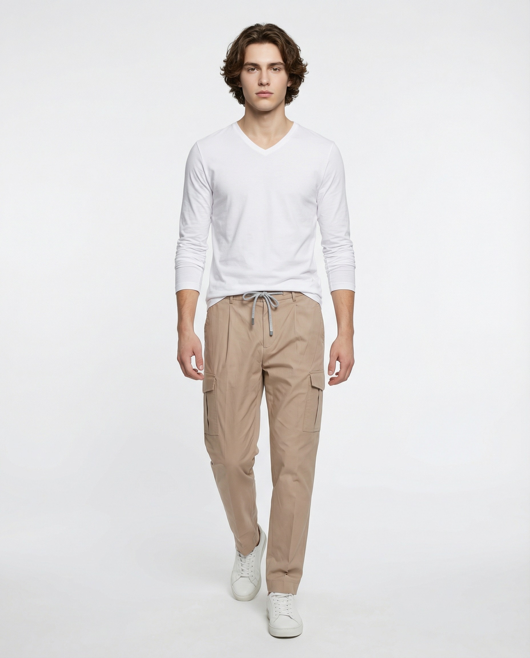Beige Cotton Casual Pants