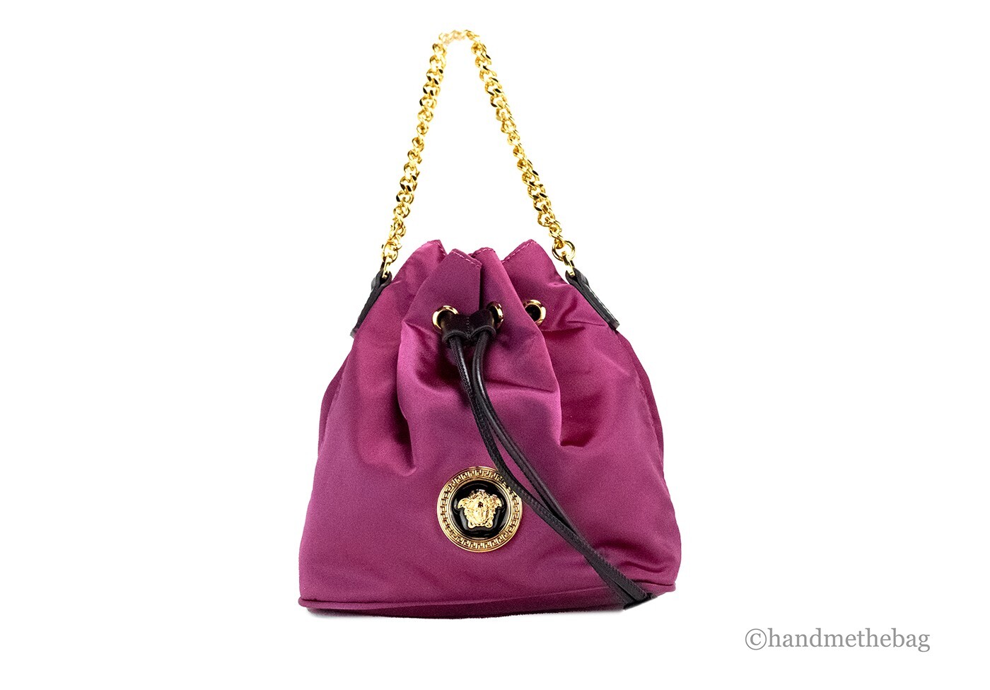 Versace Small Dahlia Nylon Medusa Pendant Bucket Chain Crossbody Bag Purse