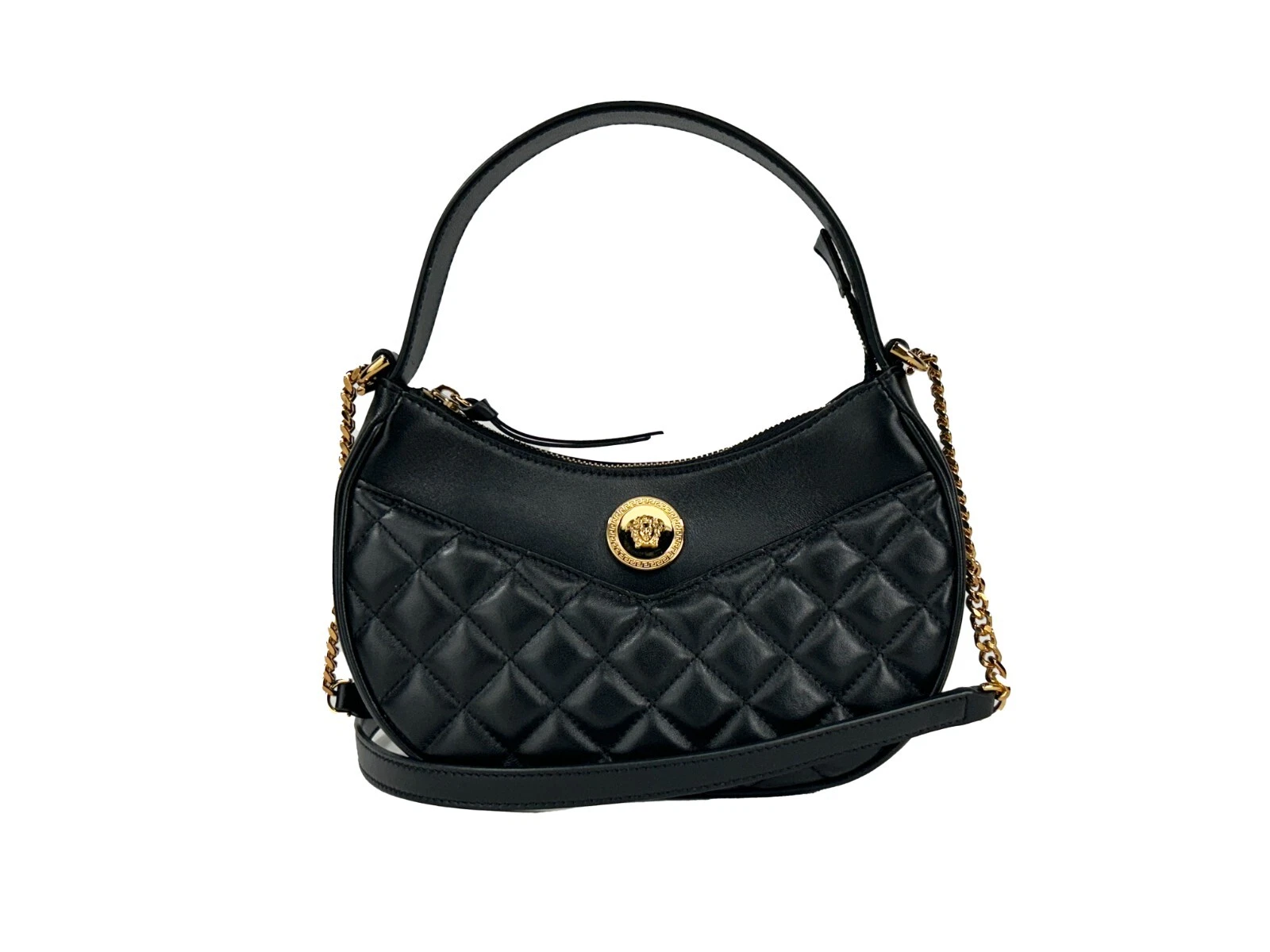 Versace Quilted Black Leather Half Moon Chain Crossbody Bag