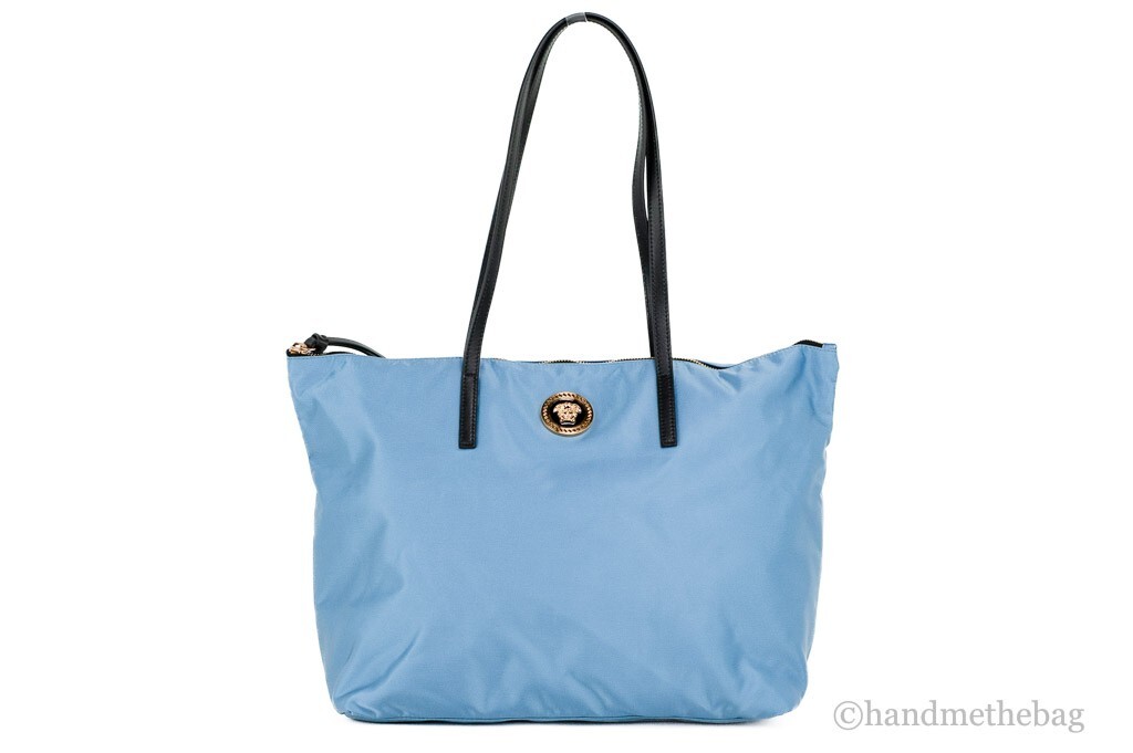 Versace Portuna Medusa Medium Cornflower Blue Nylon Leather Tote Bag Purse
