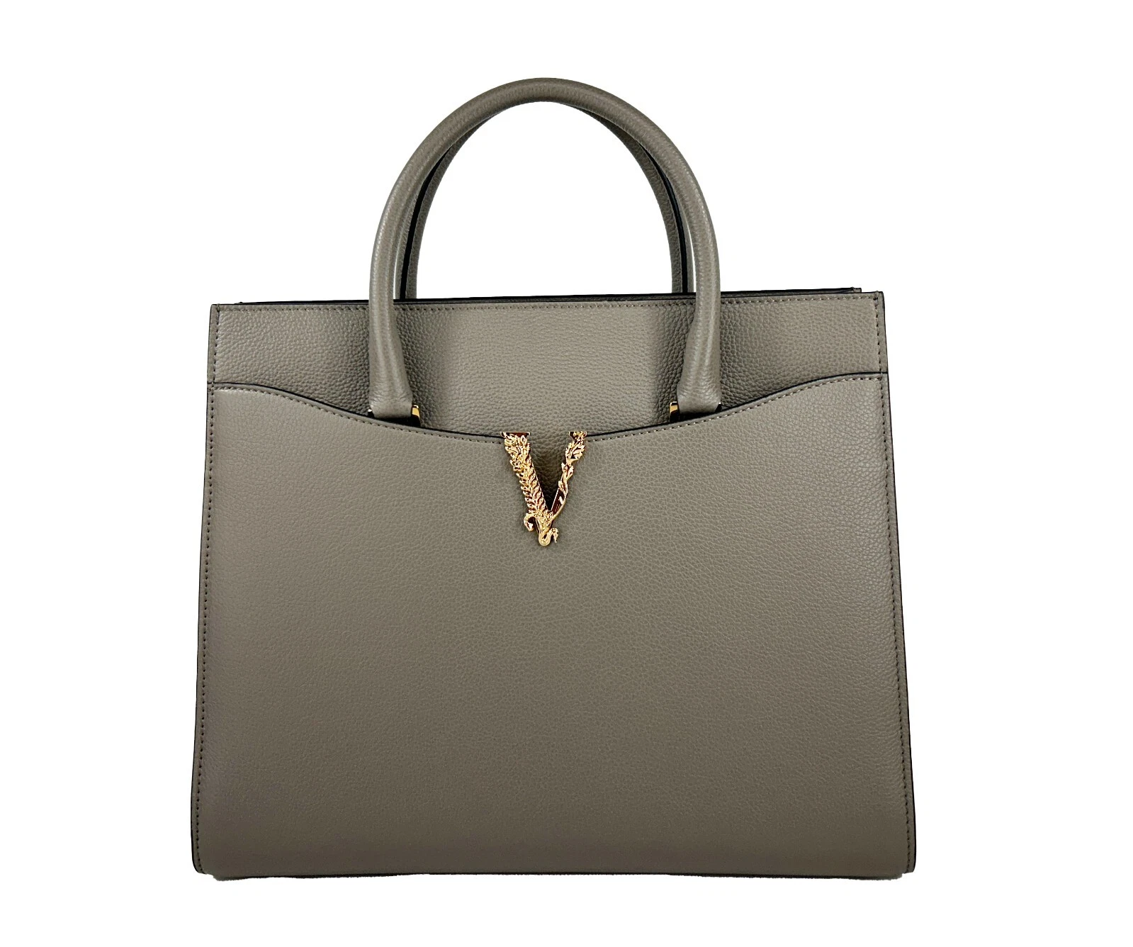 Versace Virtus Large Leather Top Handle Satchel Bag Tote Gray
