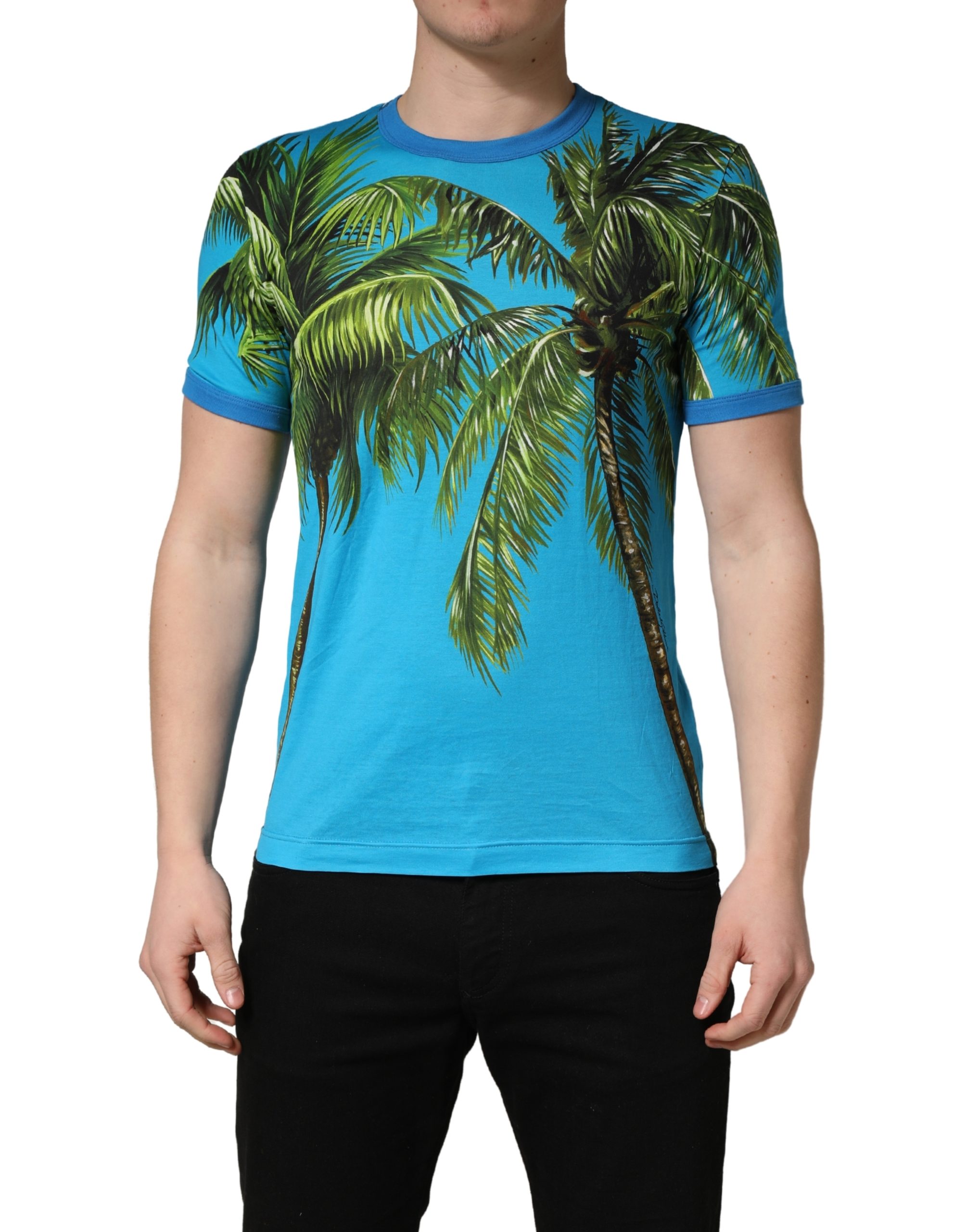 Blue Palm Tree Print Cotton CrewNeck T-shirt