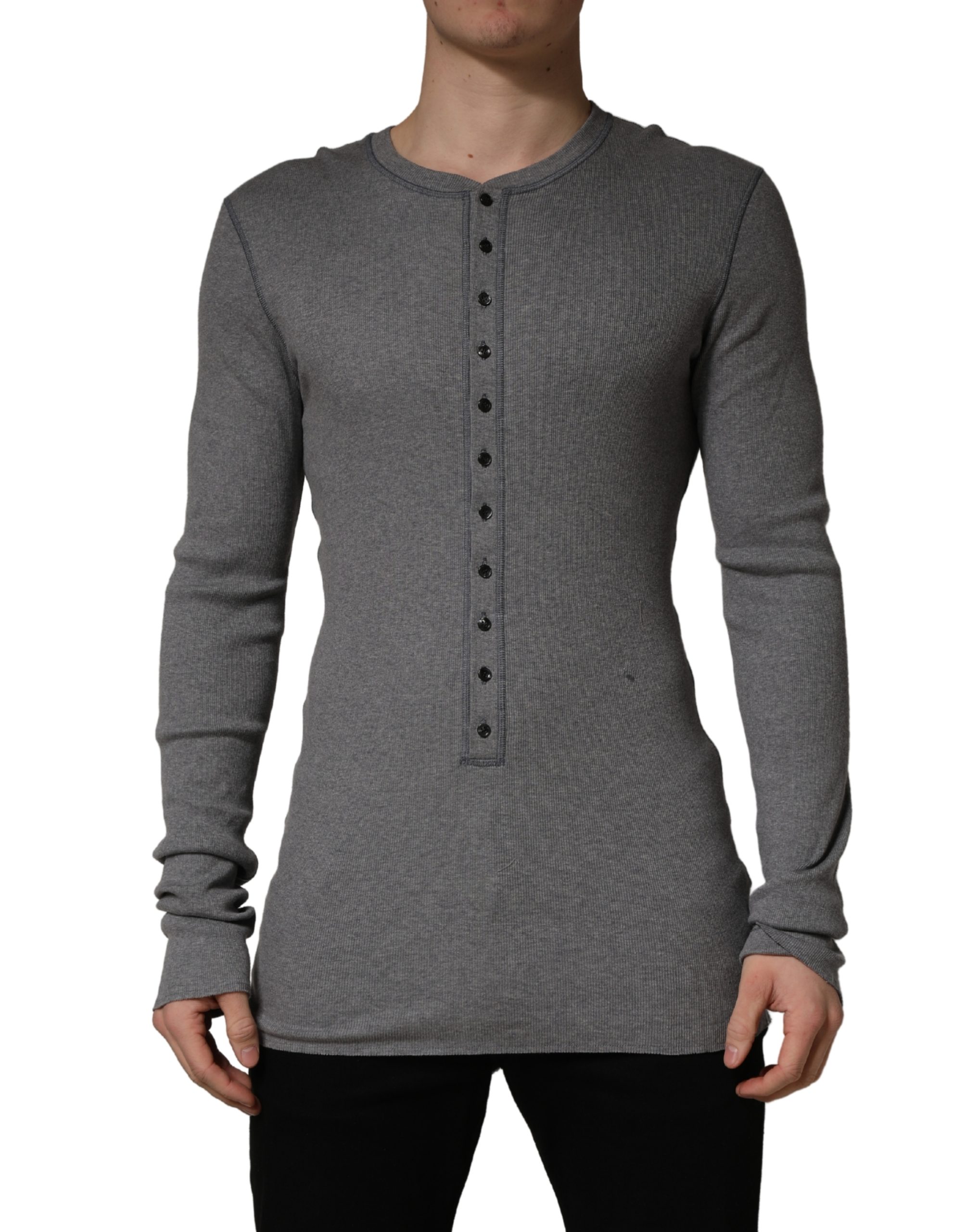 Gray Ribbed Cotton Long-Sleeve Henley  T-shirt