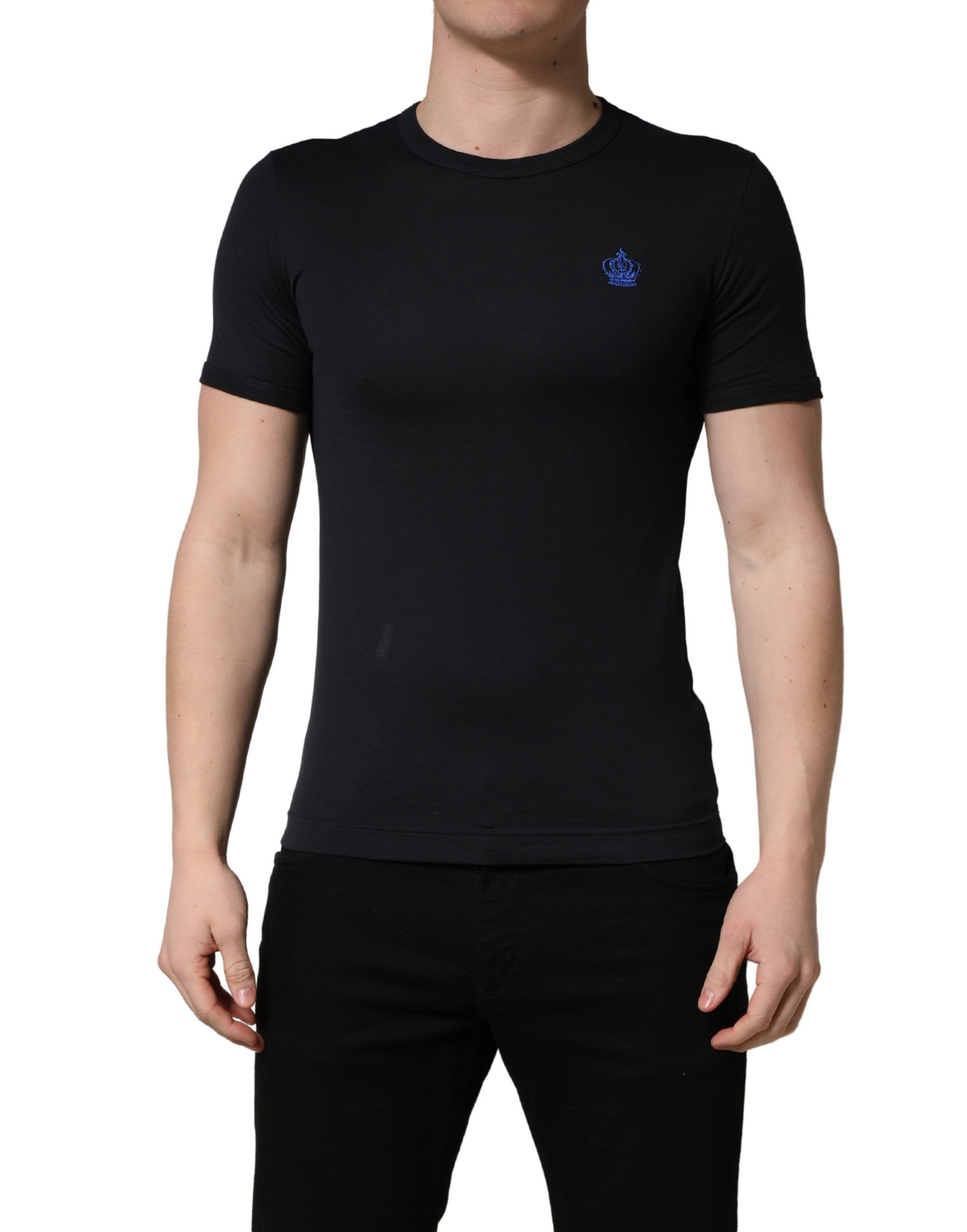 Black Crown Embroidery Men Crew Neck T-shirt