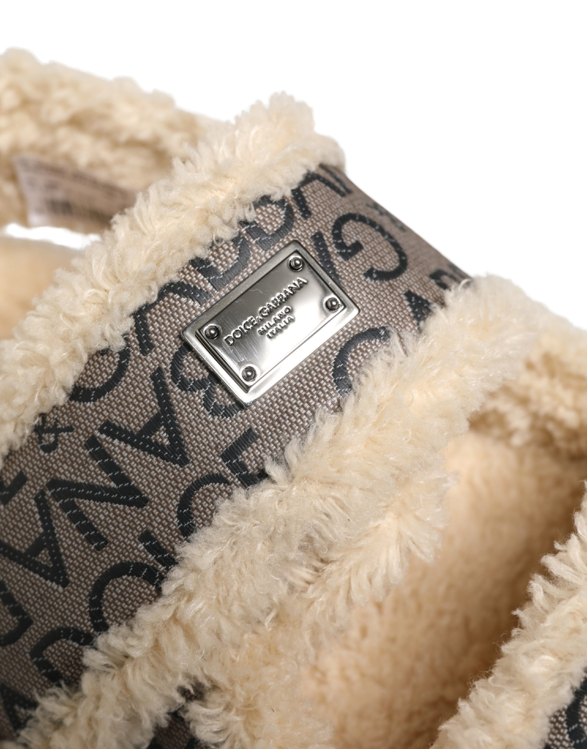 Beige Faux Fur Logo Print Flats Sandals Shoes