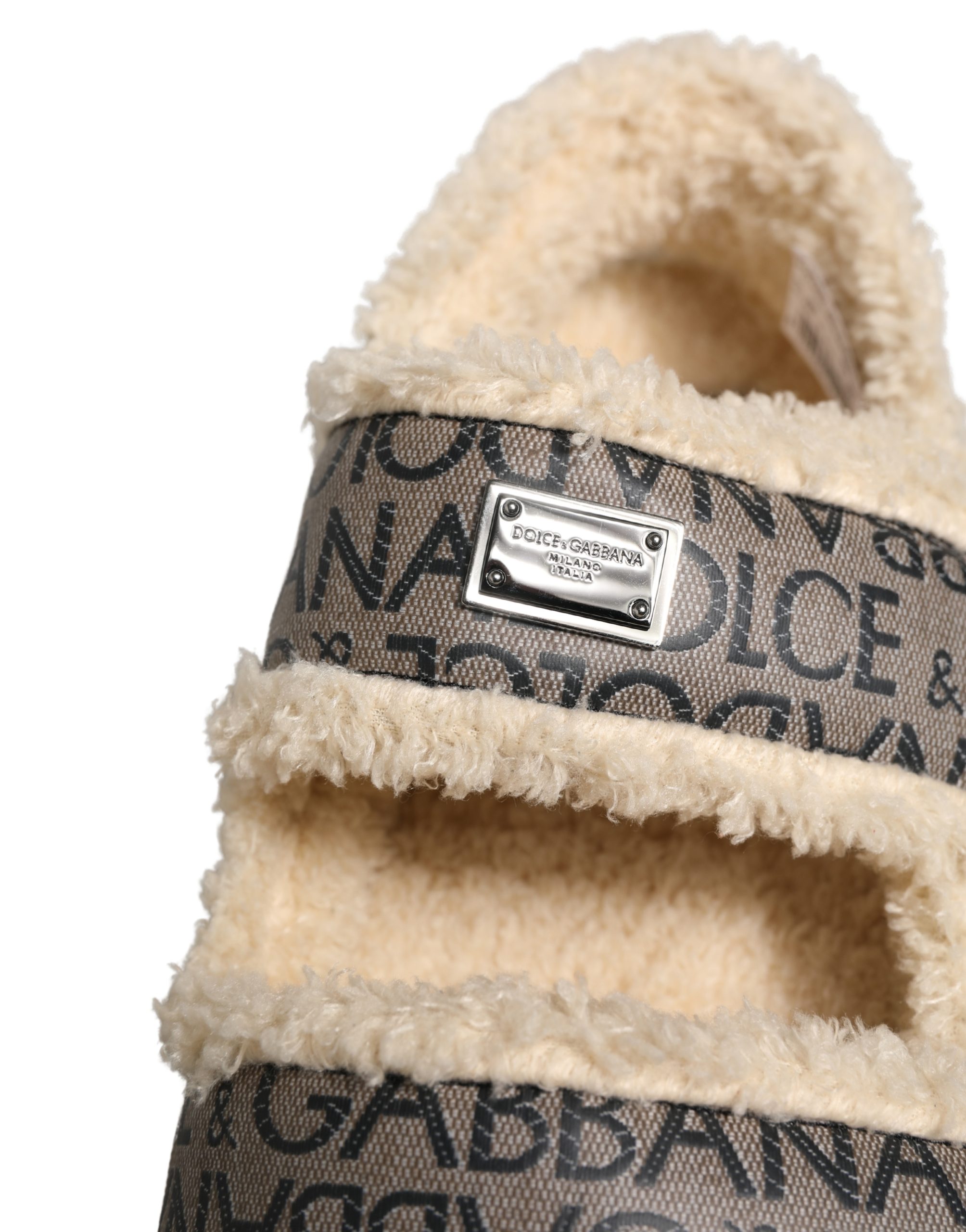 Dolce & Gabbana Beige Faux Fur Logo Print Flats Sandals Shoes - Men