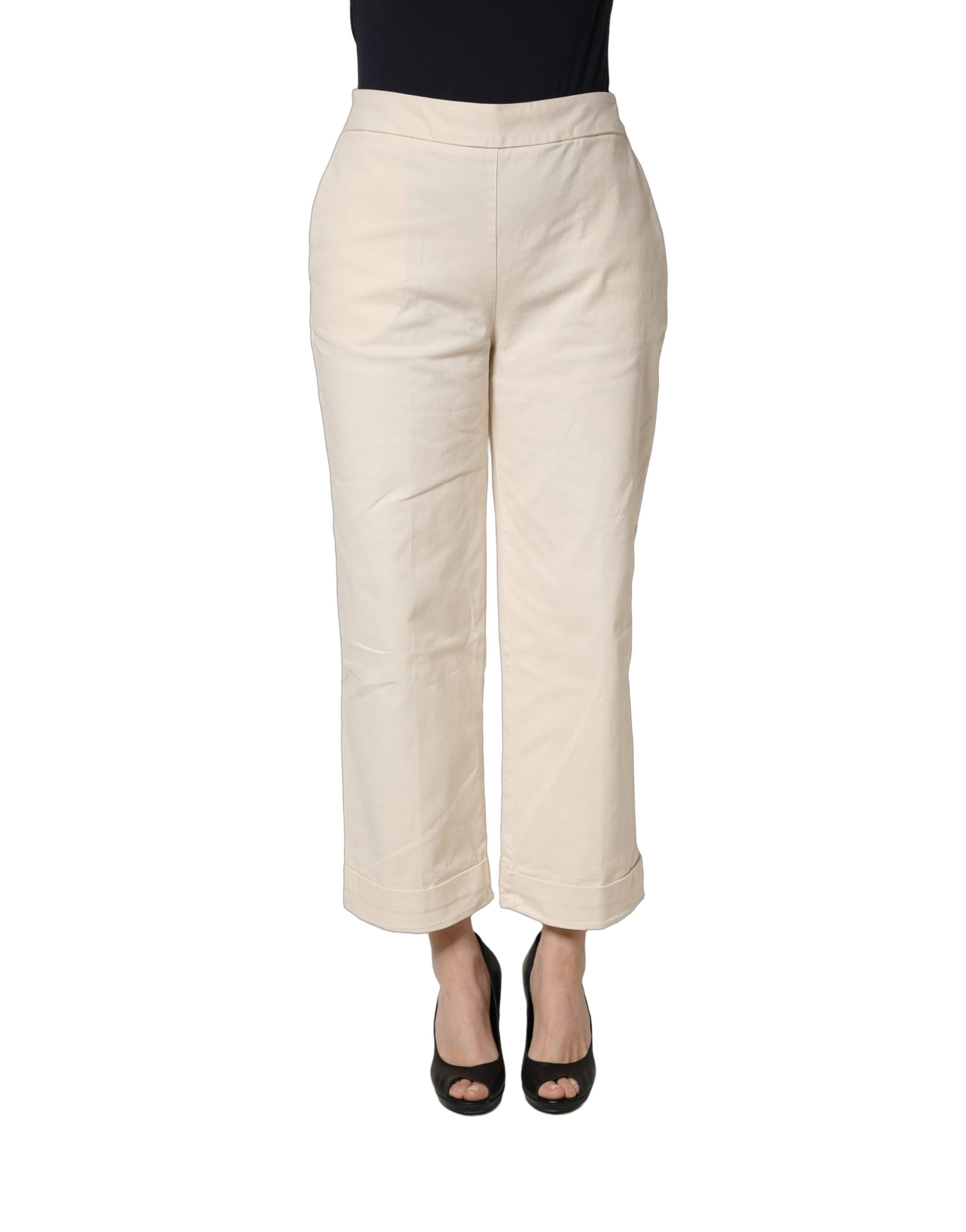 Beige High Waist Straight Capri Cropped Trouser Pants